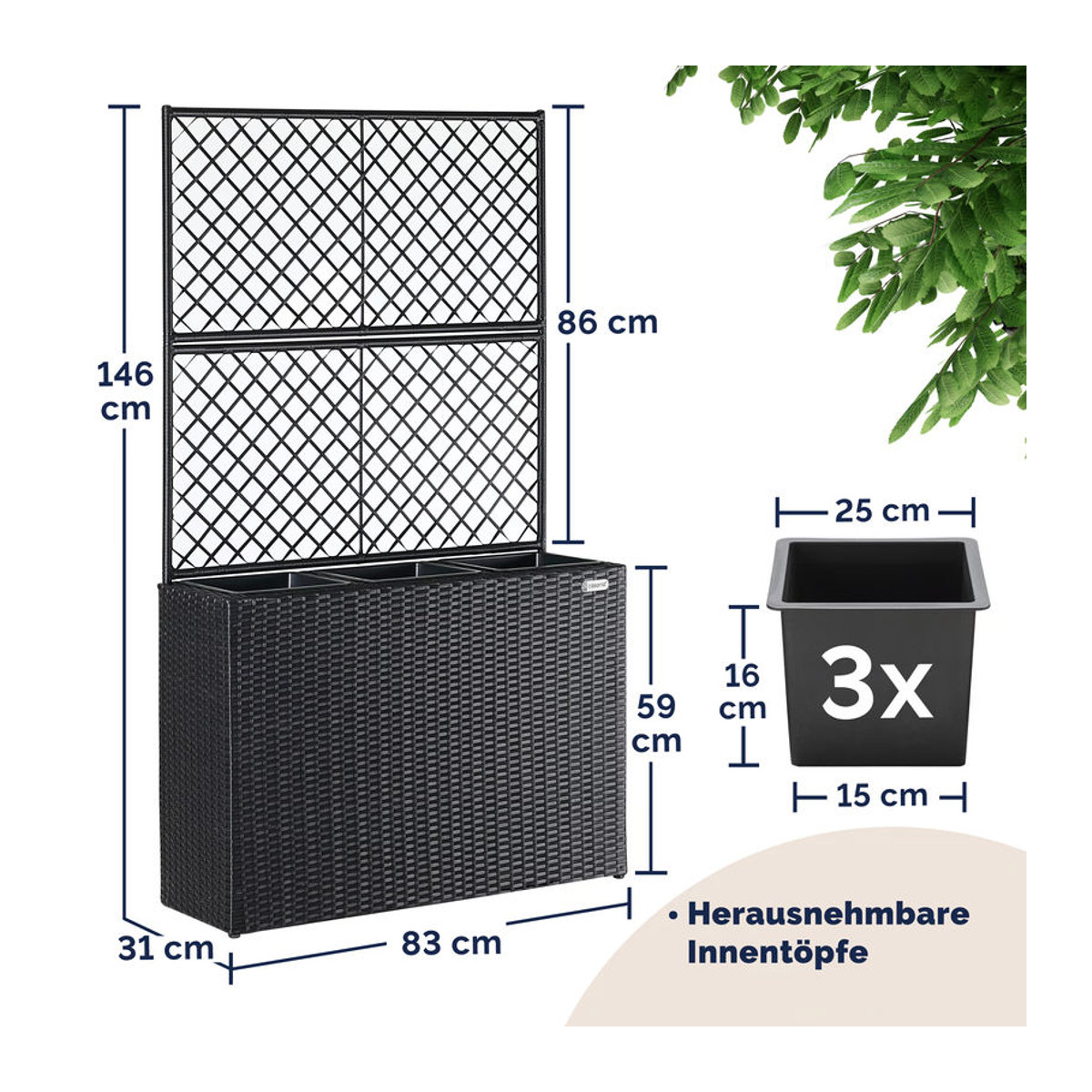 Casaria Polyrattan Blumenkasten mit Rankgitter in Schwarz - Bild 3