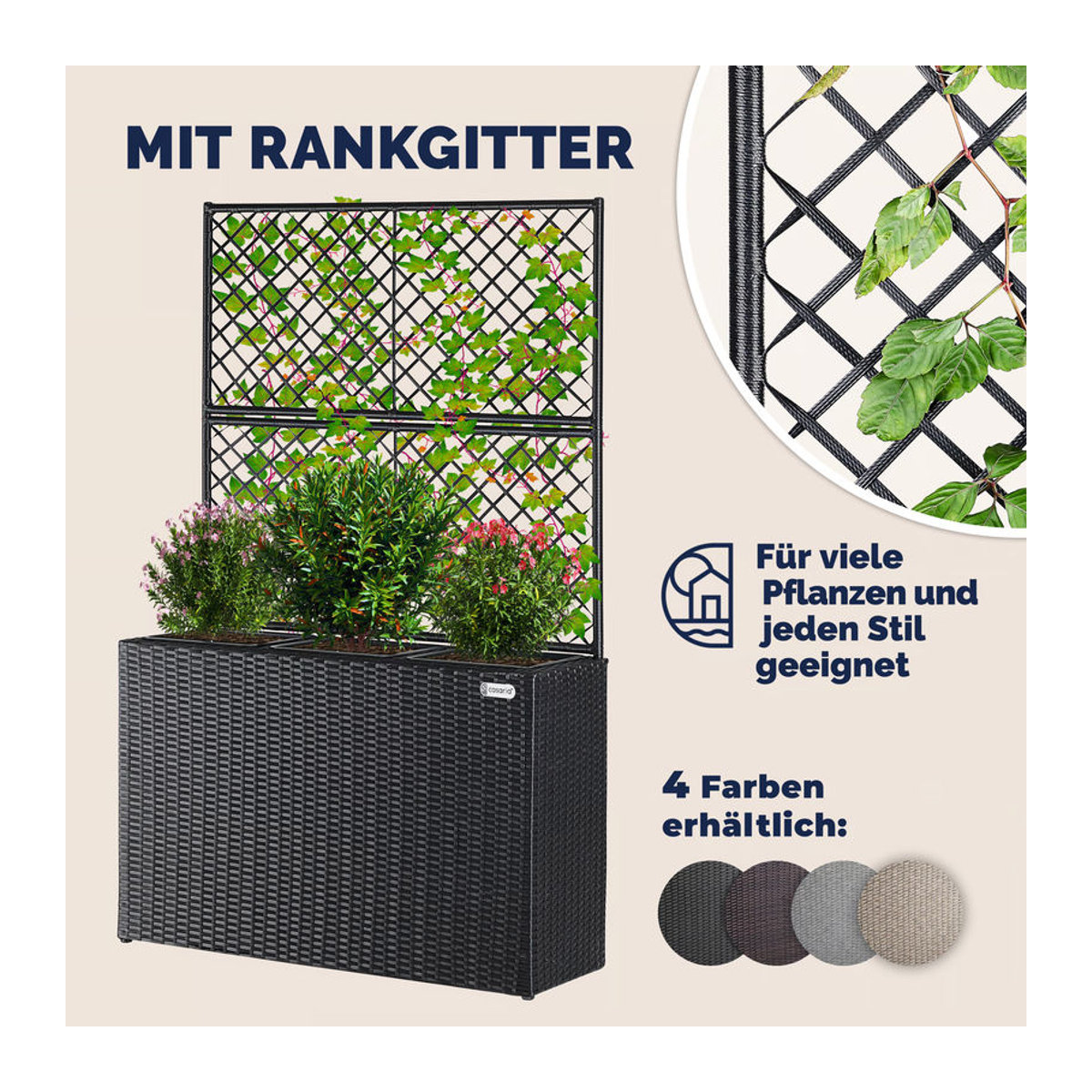 Casaria Polyrattan Blumenkasten mit Rankgitter in Schwarz - Bild 4