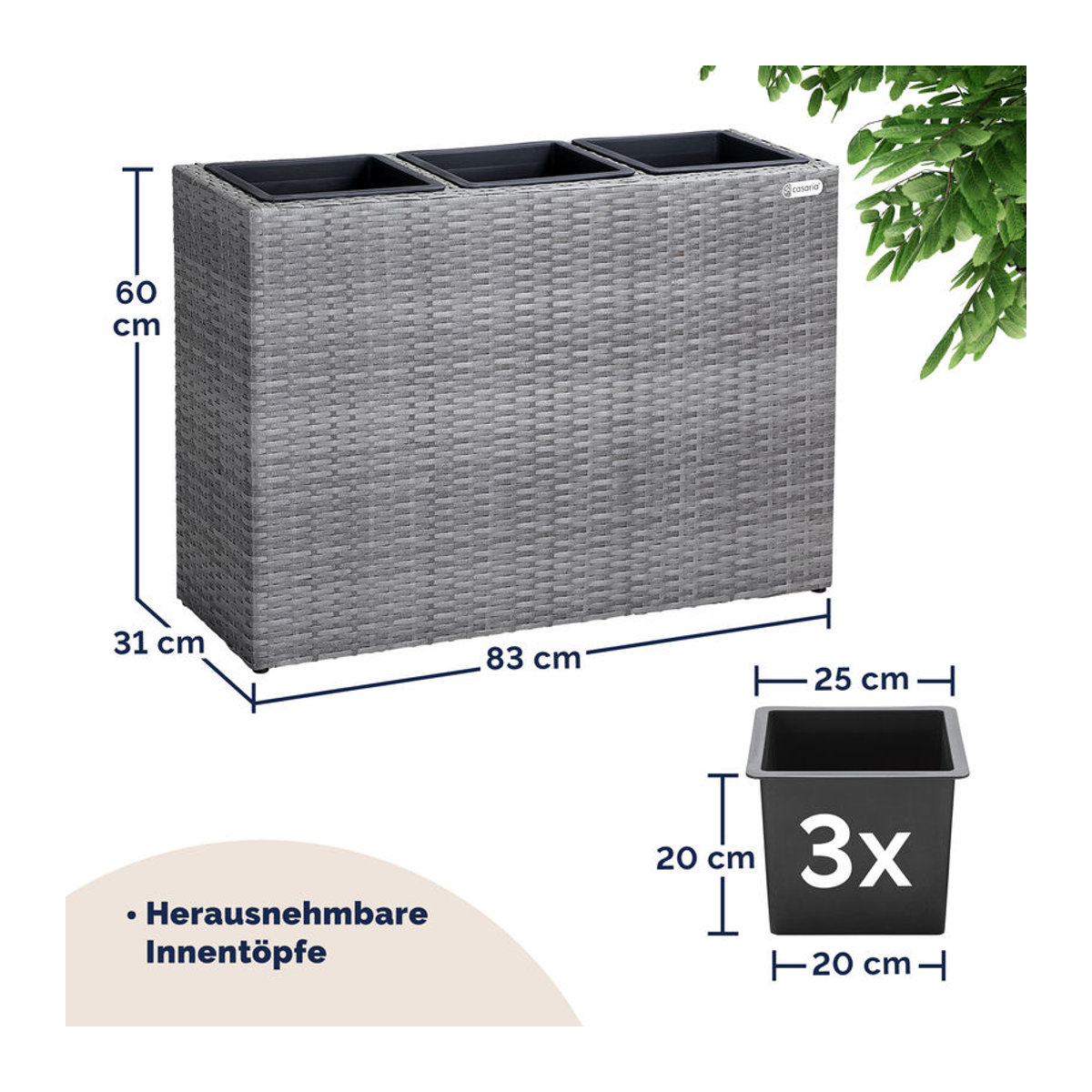 CASARIA® Polyrattan Blumentopf Grau, rechteckig, B/T/H: 83 x 30,5 x 60 cm - Bild 3