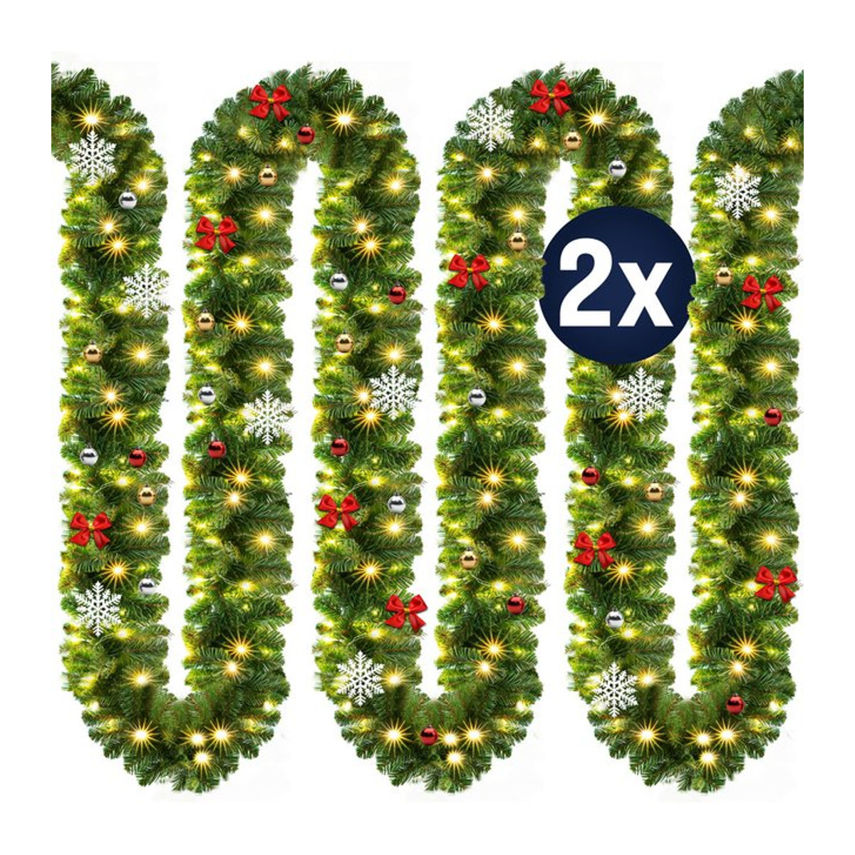 Casaria Weihnachtsgirlande 2er-Set in Grün, geschmückt mit Sternen und Schneeflocken, für In- und Outdoor, Länge: 5 m - Bild 1