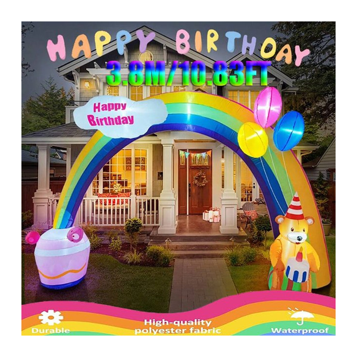 CatXaa Aufblasbarer Regenbogen Torbogen mit Teddybär und LED Licht für Kindergeburtstage, mehrfarbig, 3,3 m - Bild 1