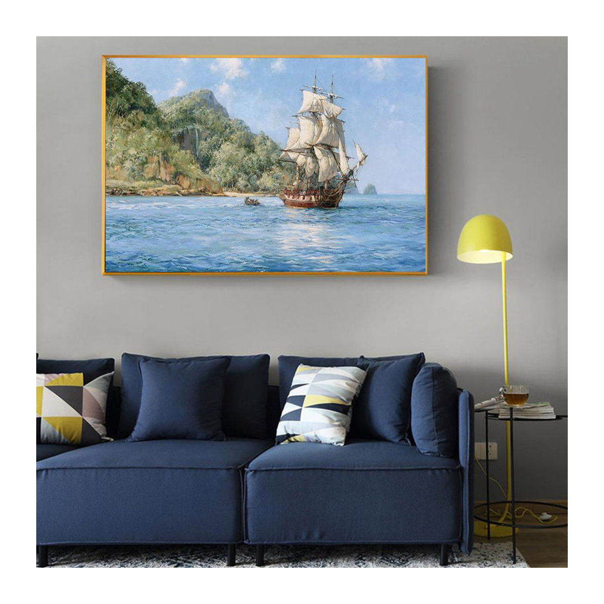 Caudros Retro Boot Ölgemälde auf Leinwand Blau, Maritimes Segelboot Wandbild Landschaft im Querformat, Breite: 90 cm, Höhe: 60 cm, Rahmenlos - Bild 4