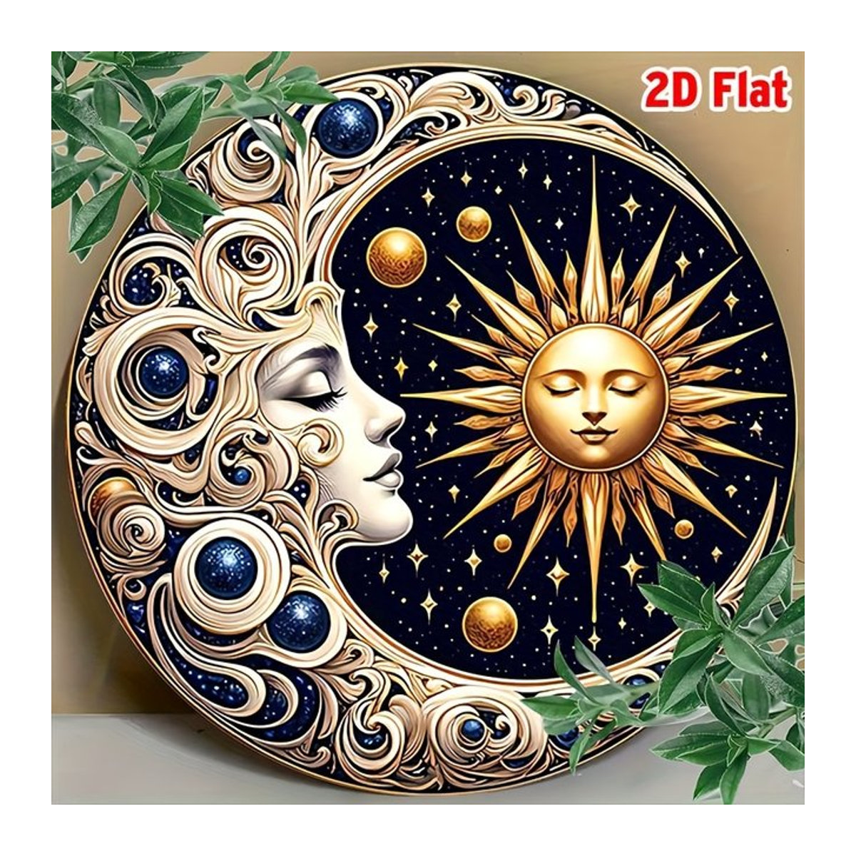 Celestial Sun and Moon Harmony Aluminium-Wandkunst von Potdemiel – Rundes Vintage-Metallschild mit Sonne, Mond und Sternen in Gold und Mehrfarbig, Durchmesser: 19,81 cm - Bild 1