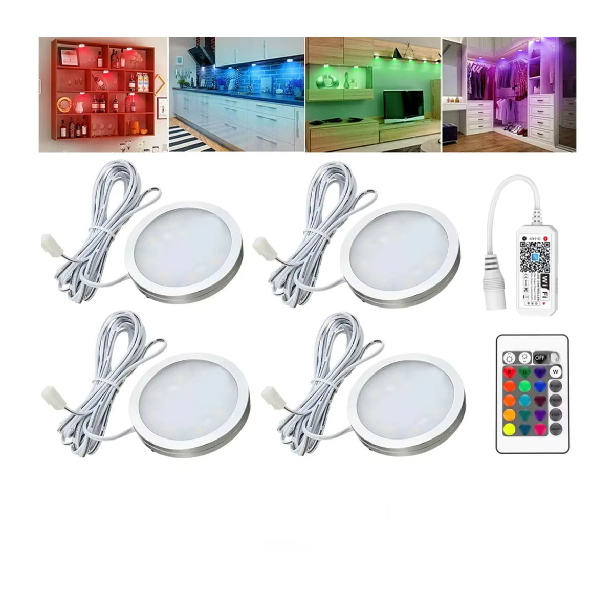 CENFAYA 4er-Pack WiFi runde RGB-LED-Möbelbeleuchtung, dimmbar mit App-Fernbedienung, bunt - Bild 3