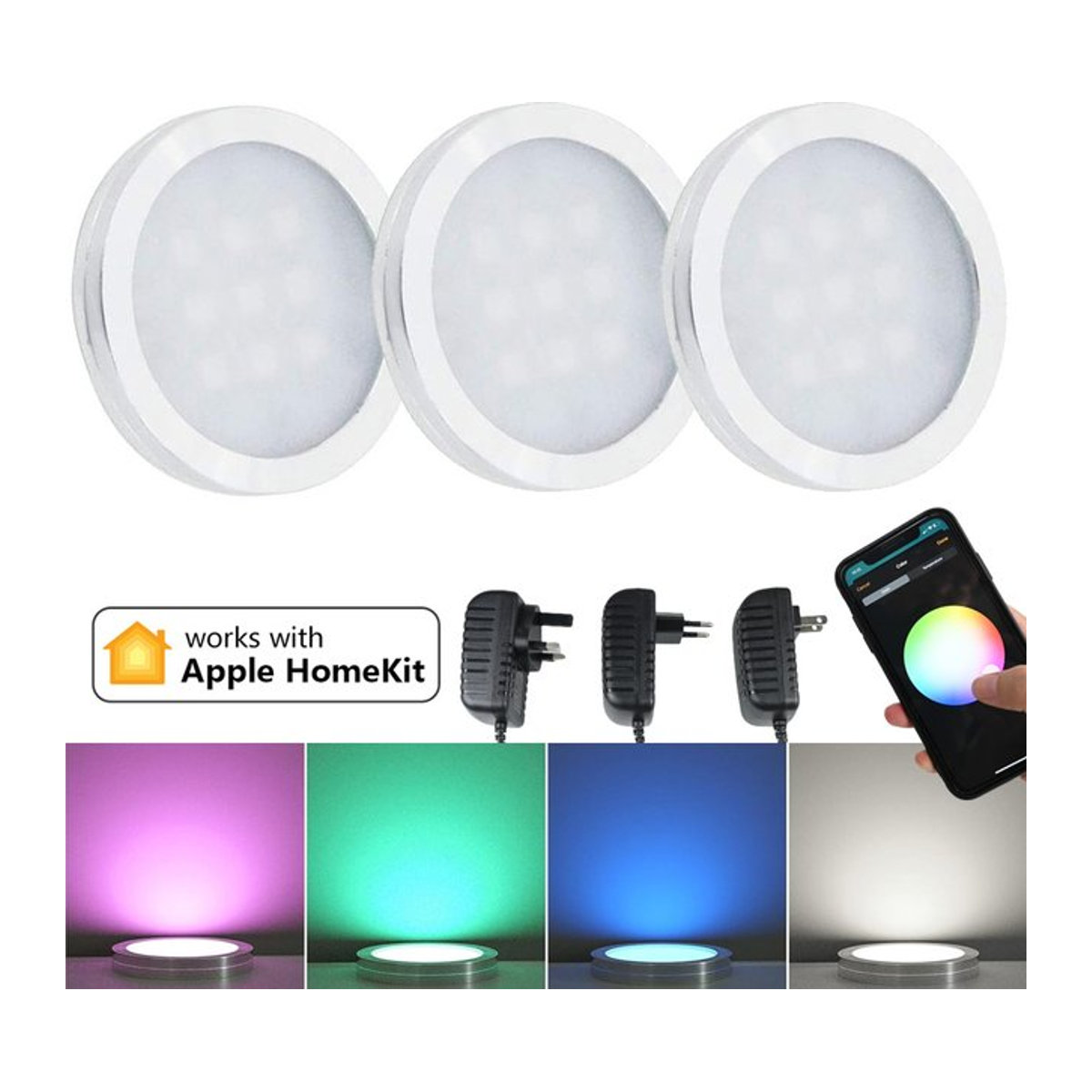 CENFAYA Homekit WiFi Runde RGB LED Unterbauleuchte für Möbel, Dimmbare Schrankbeleuchtung mit App- und Siri-Sprachsteuerung, Weiß/Bunt - Bild 1
