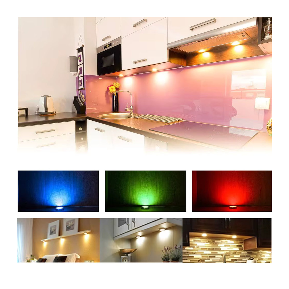 CENFAYA Homekit WiFi Runde RGB LED Unterbauleuchte für Möbel, Dimmbare Schrankbeleuchtung mit App- und Siri-Sprachsteuerung, Weiß/Bunt - Bild 2