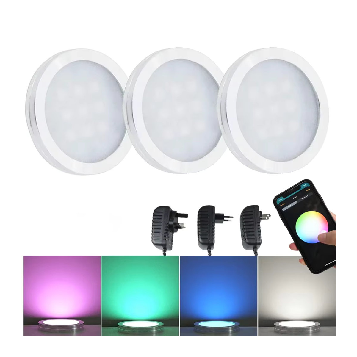 CENFAYA Homekit WiFi Runde RGB LED Unterbauleuchte für Möbel, Dimmbare Schrankbeleuchtung mit App- und Siri-Sprachsteuerung, Weiß/Bunt - Bild 5
