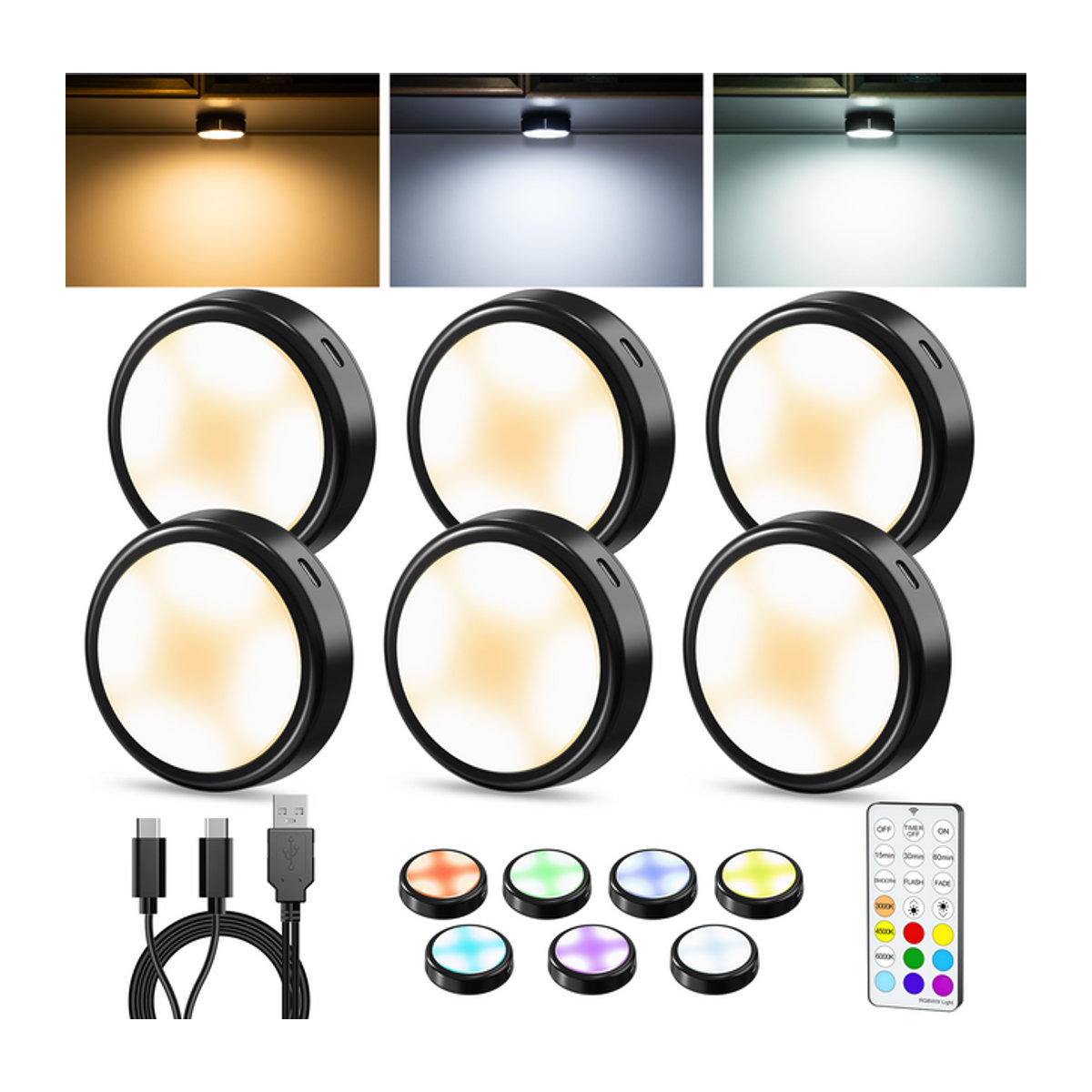 CENFAYA Runde LED Möbelbeleuchtung Schwarz RGB + CCT Dimmbar mit Fernbedienung im 3er-Set - Bild 1