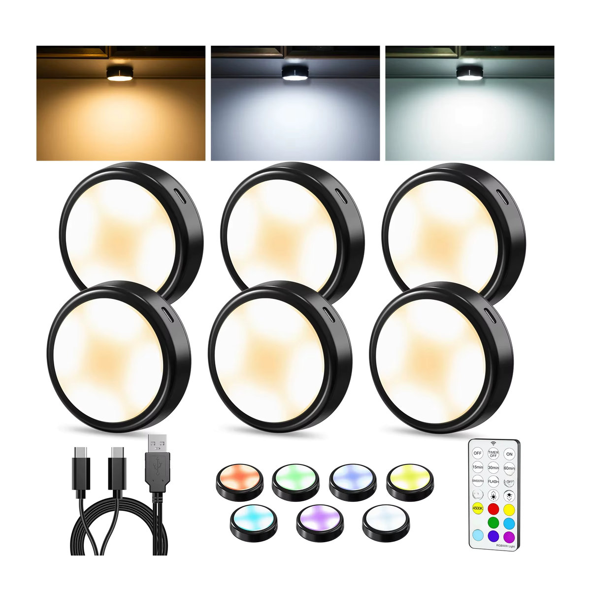 CENFAYA Runde LED Möbelbeleuchtung Schwarz RGB + CCT Dimmbar mit Fernbedienung im 3er-Set - Bild 7