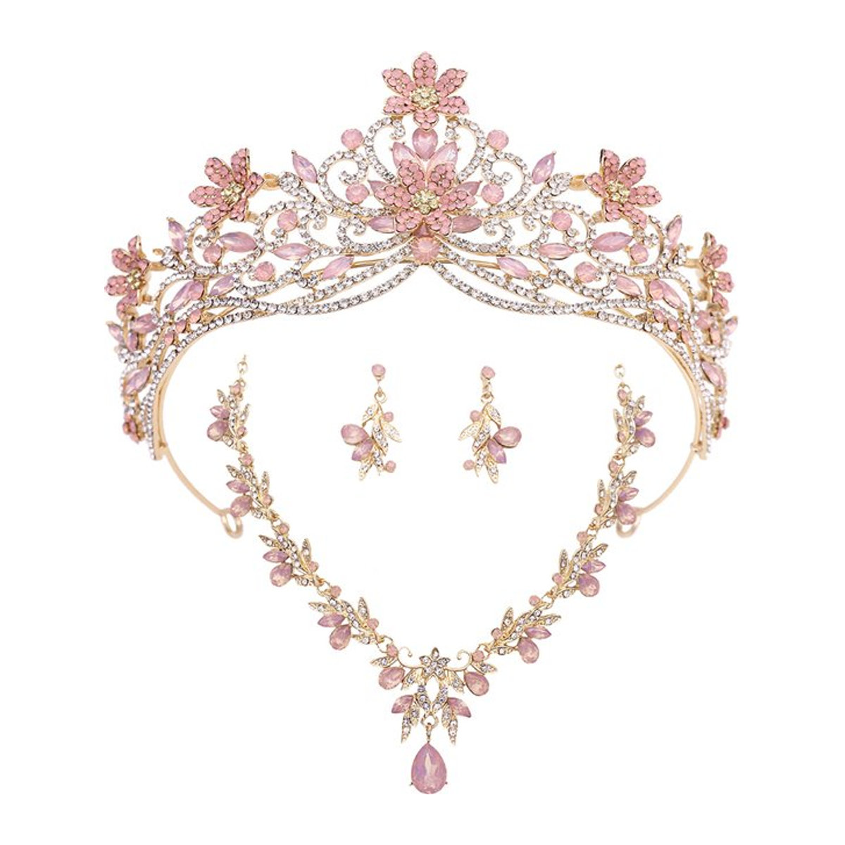 Cenmon 3-teiliges Brautschmuck-Set in Rosa mit Krone, Halskette und Ohrringen im floralen Design für Erwachsene - Bild 1