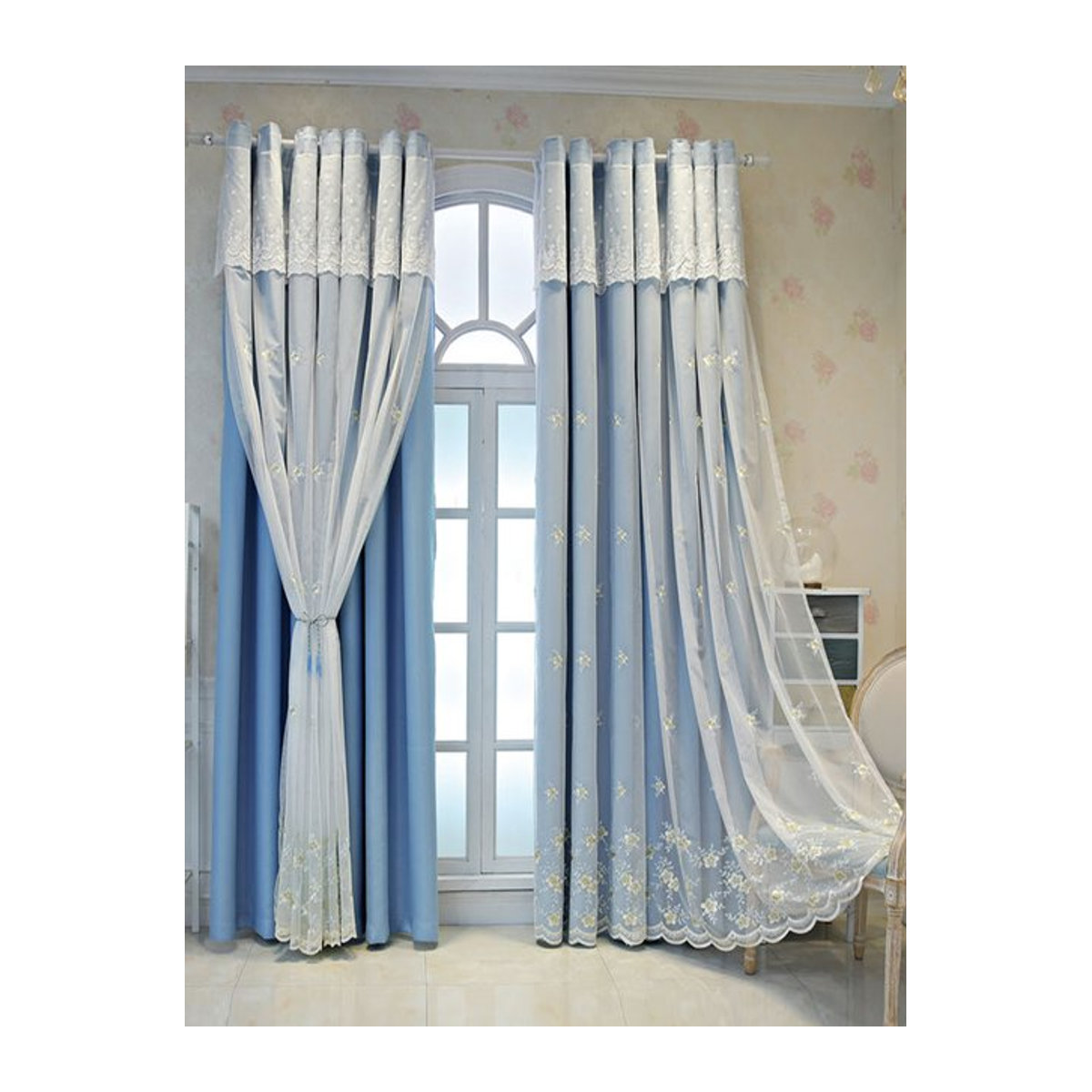 CENTURyMiG Luxuriöse High-End Vorhänge mit Reliefstickerei im europäischen Stil, Blau, Sheer - Bild 1