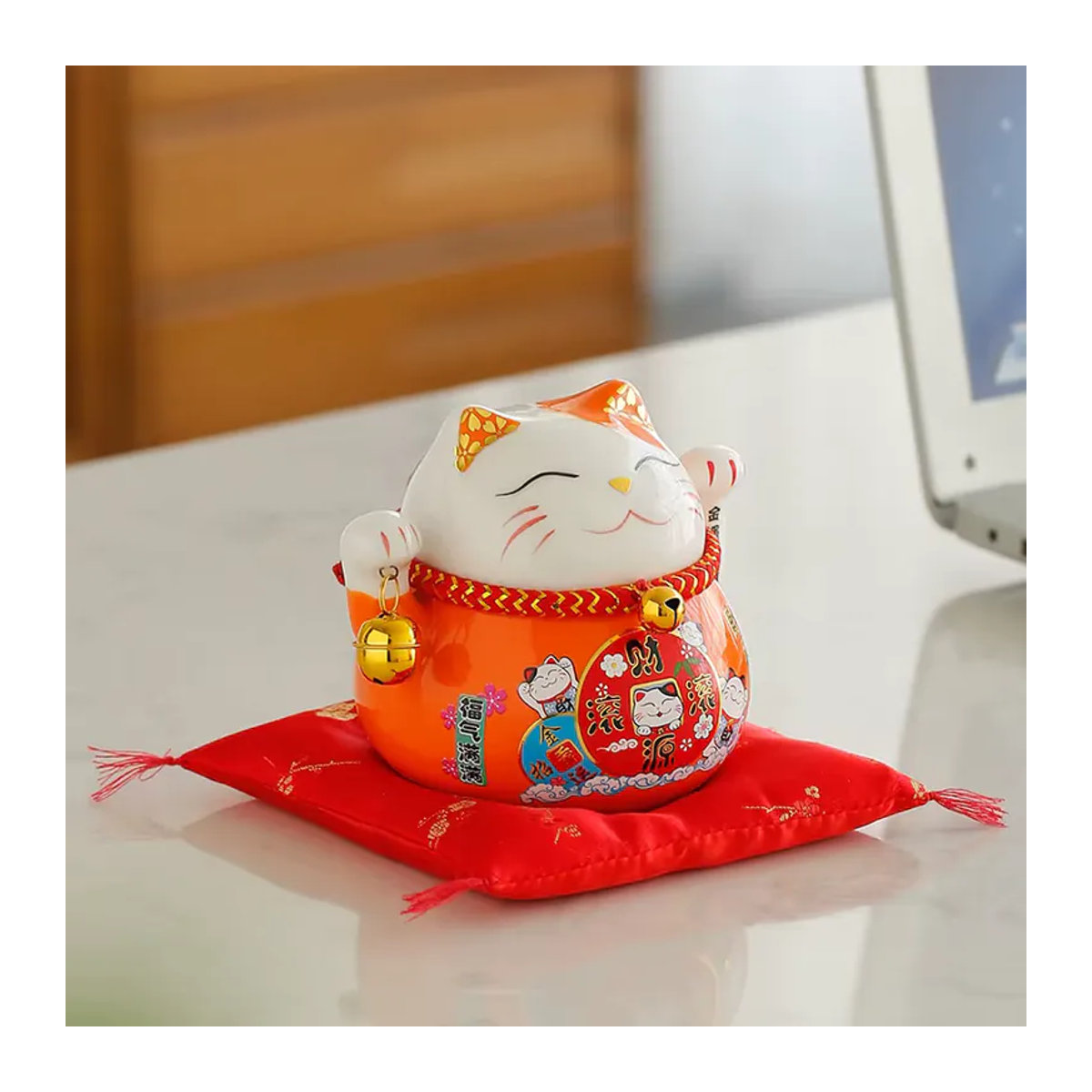 Cerakorie Maneki Neko Glückskatze aus Keramik mit winkendem Arm in Blau und Rot, 11,43 cm Höhe - Bild 5