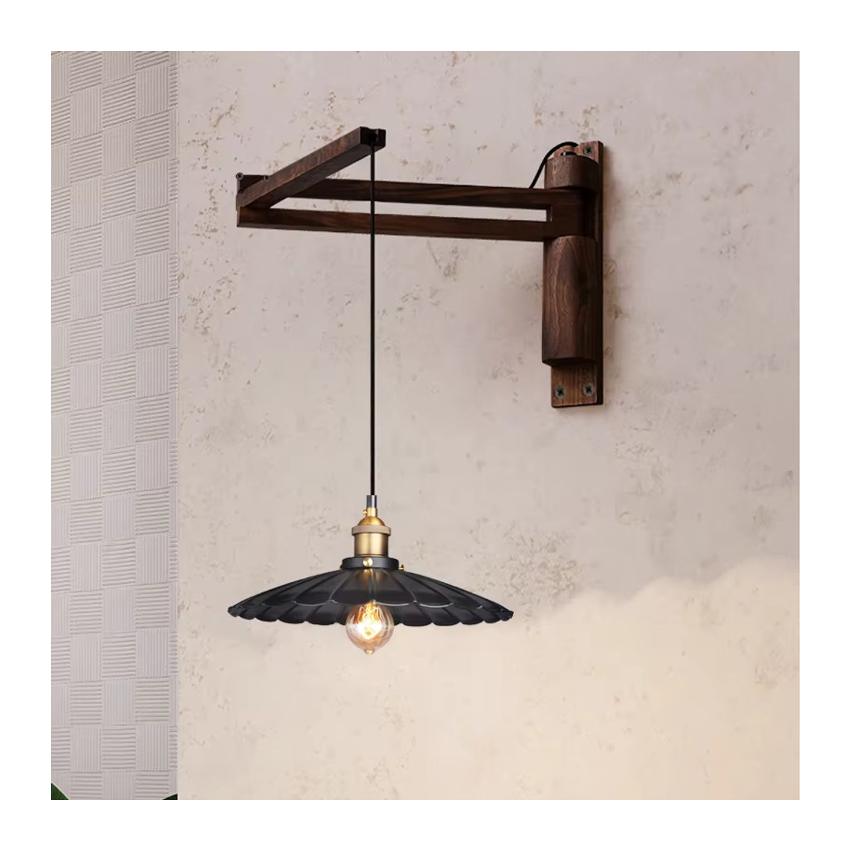 Ceropegia Wandleuchte aus Massivholz und Metall im Retro-Design, Schwarz/Weiß, Nordic Industrial Stil mit klappbarem Kipphebel - Bild 2