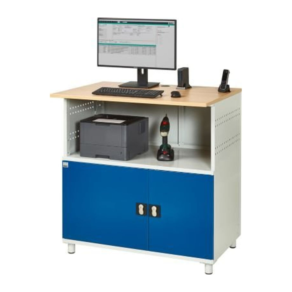 Certeo Computer-Station Typ 1023 in Rauch mit Arbeitsplatte und Unterschrank aus Stahl und Buche, B: 110 cm, T: 79 cm, H: 113 cm - Bild 2