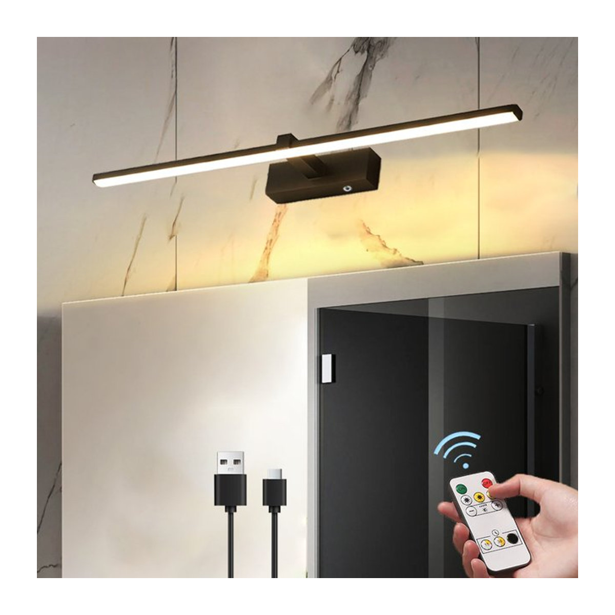 CETANT Minimalistische LED-Ladewandleuchte in Schwarz mit Touch-Schalter und Fernbedienung für Schlafzimmer, Badezimmer und Spiegel - Bild 1