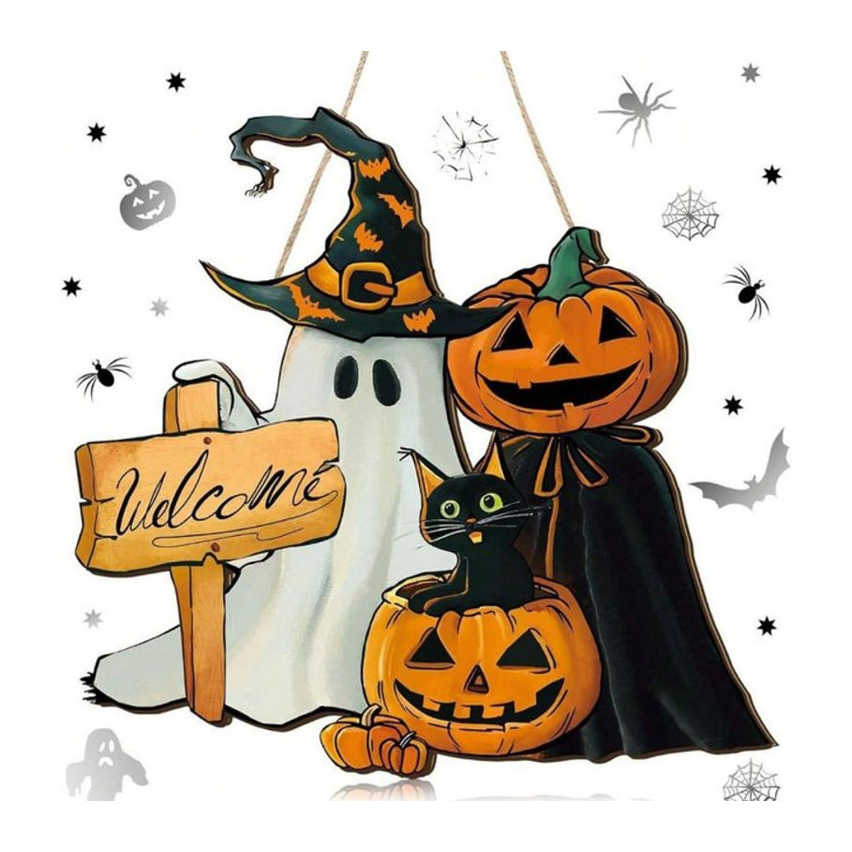 CH CACILLO Halloween Willkommen Schild aus Holz mit Kürbis und Skelett als hängender Kranz für die Haustür, mehrfarbig - Bild 1