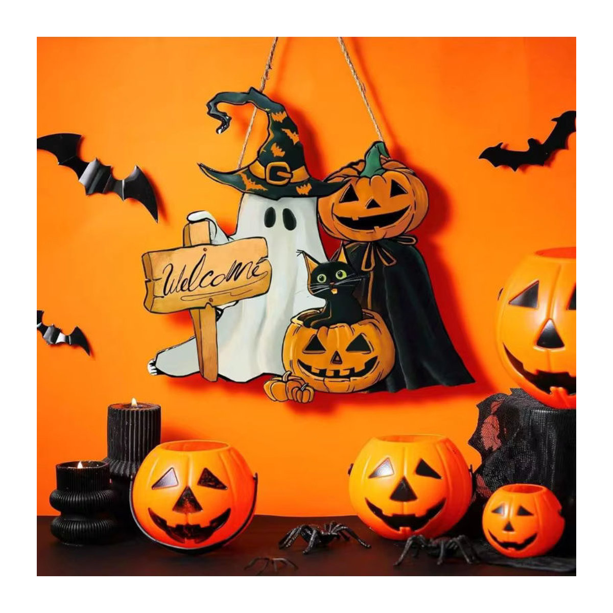 CH CACILLO Halloween Willkommen Schild aus Holz mit Kürbis und Skelett als hängender Kranz für die Haustür, mehrfarbig - Bild 2