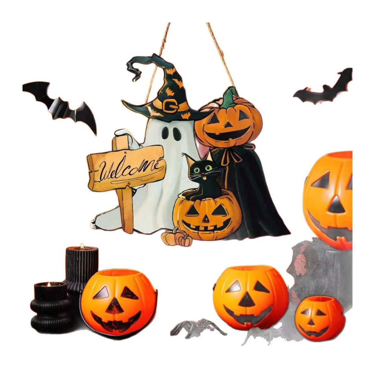 CH CACILLO Halloween Willkommen Schild aus Holz mit Kürbis und Skelett als hängender Kranz für die Haustür, mehrfarbig - Bild 3