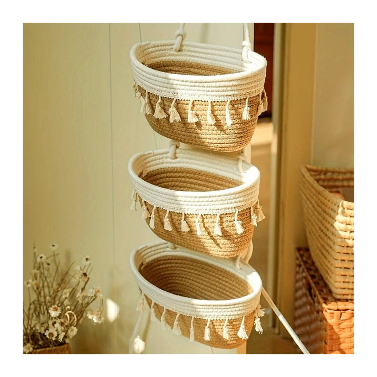 CH CACILLO Handgewebter 3-stöckiger Doppelquasten-Hängekorb zur Wandmontage in Beige im Bohemian-Stil - Bild 1