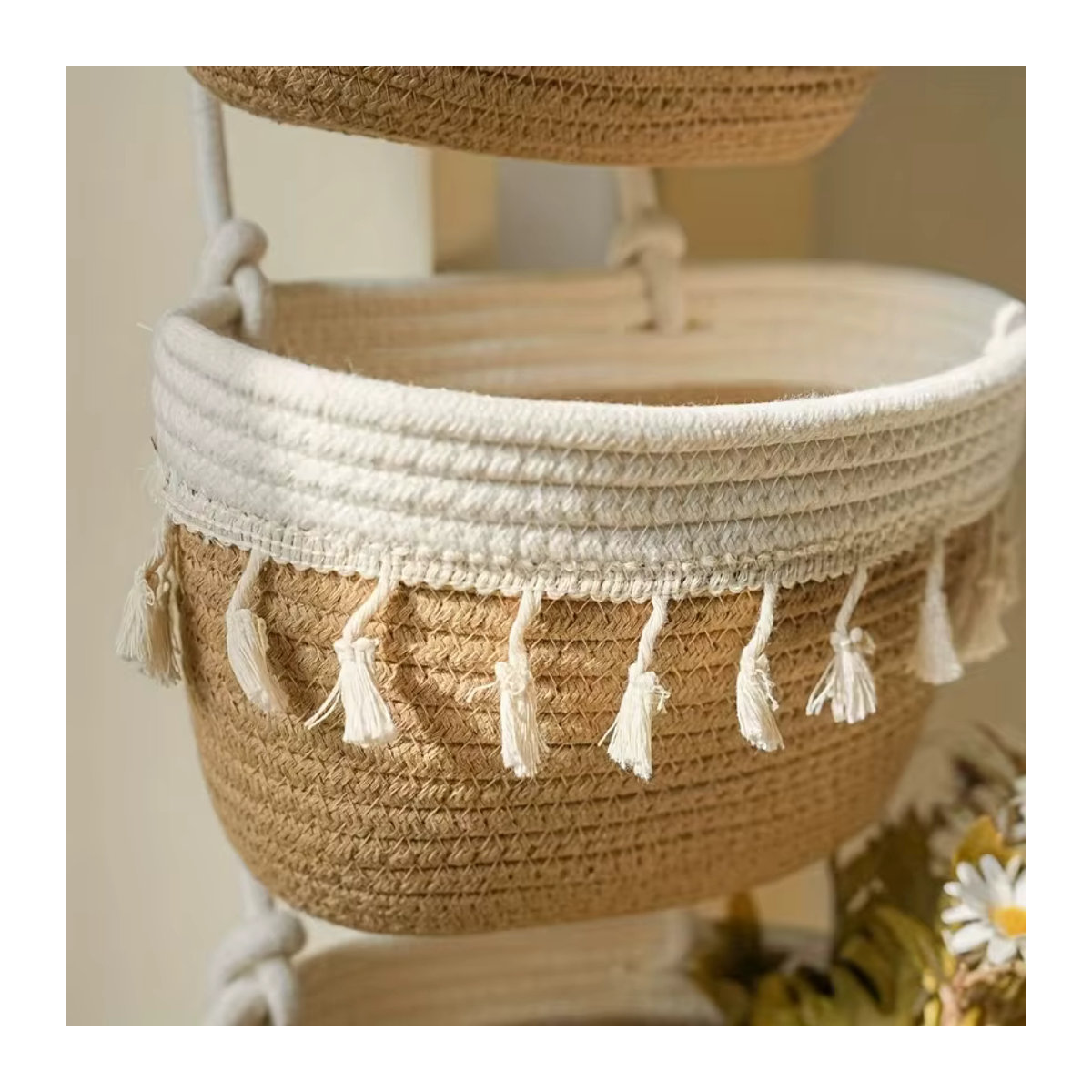 CH CACILLO Handgewebter 3-stöckiger Doppelquasten-Hängekorb zur Wandmontage in Beige im Bohemian-Stil - Bild 2