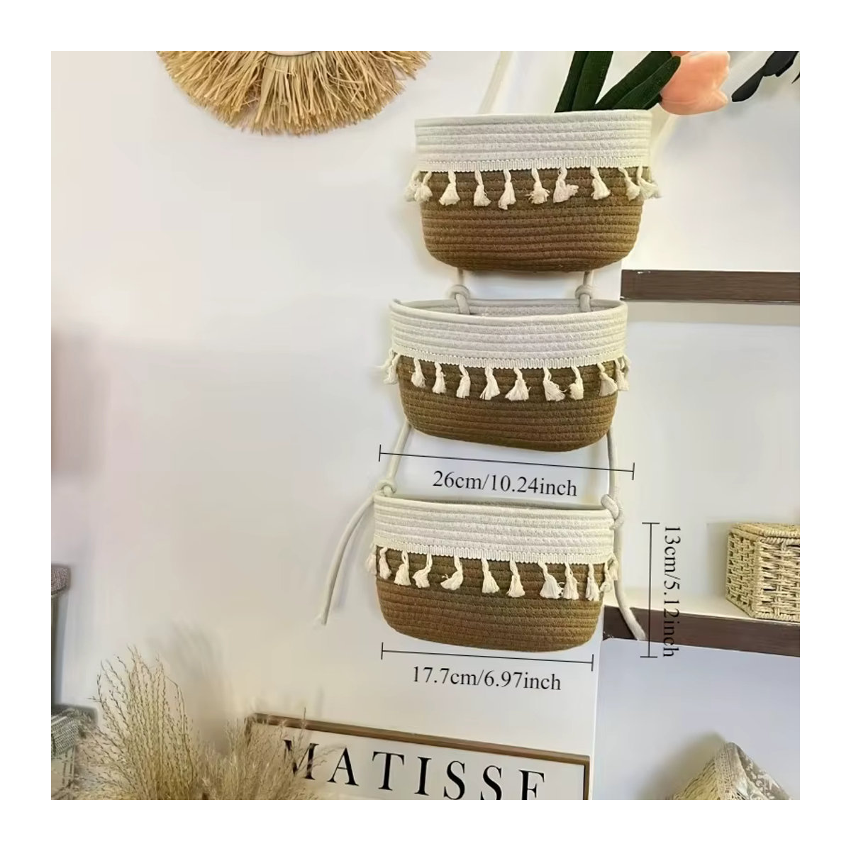 CH CACILLO Handgewebter 3-stöckiger Doppelquasten-Hängekorb zur Wandmontage in Beige im Bohemian-Stil - Bild 5