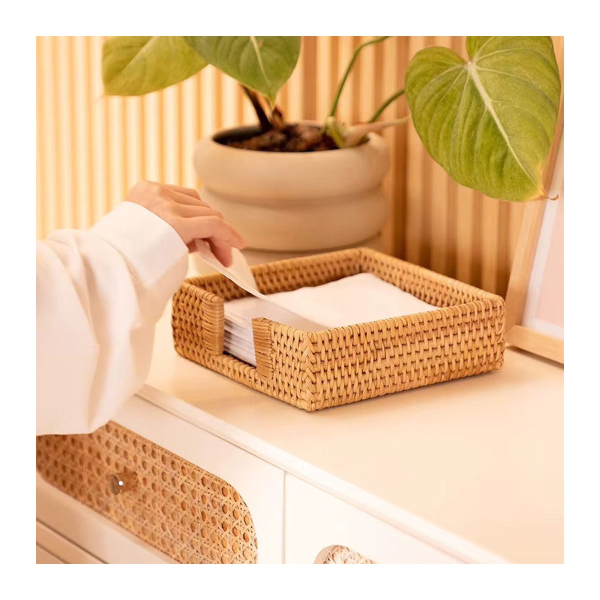 CH CACILLO Taschentuchbox-Halter aus handgewebtem Stroh und Rattan in Beige im Landhausstil - Bild 3