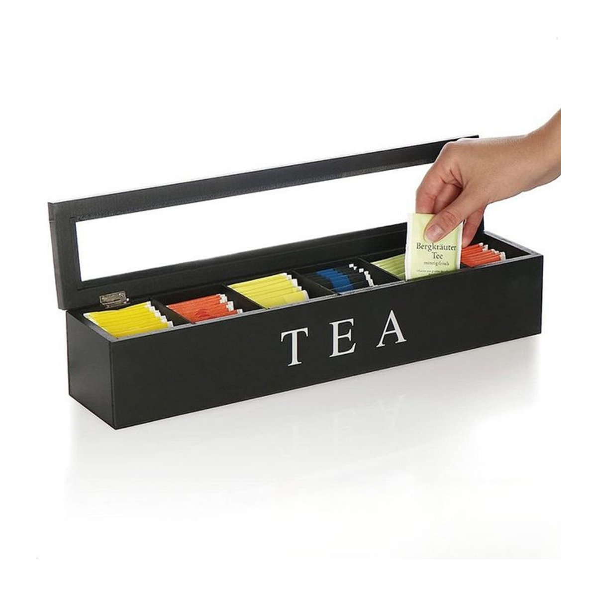 CH CACILLO Teebeutel-Aufbewahrungsbox aus Holz mit Trennwänden, Organizer für Kaffeekapseln, Schmuck und Uhren, Braun oder Schwarz - Bild 1