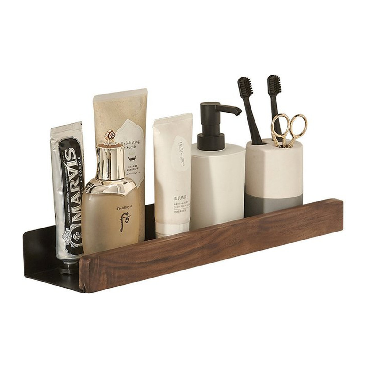 CH CACILLO Wandregal aus Massivholz Walnuss Braun Industrial Design zur Wandmontage für Bad und Waschbecken - Bild 1
