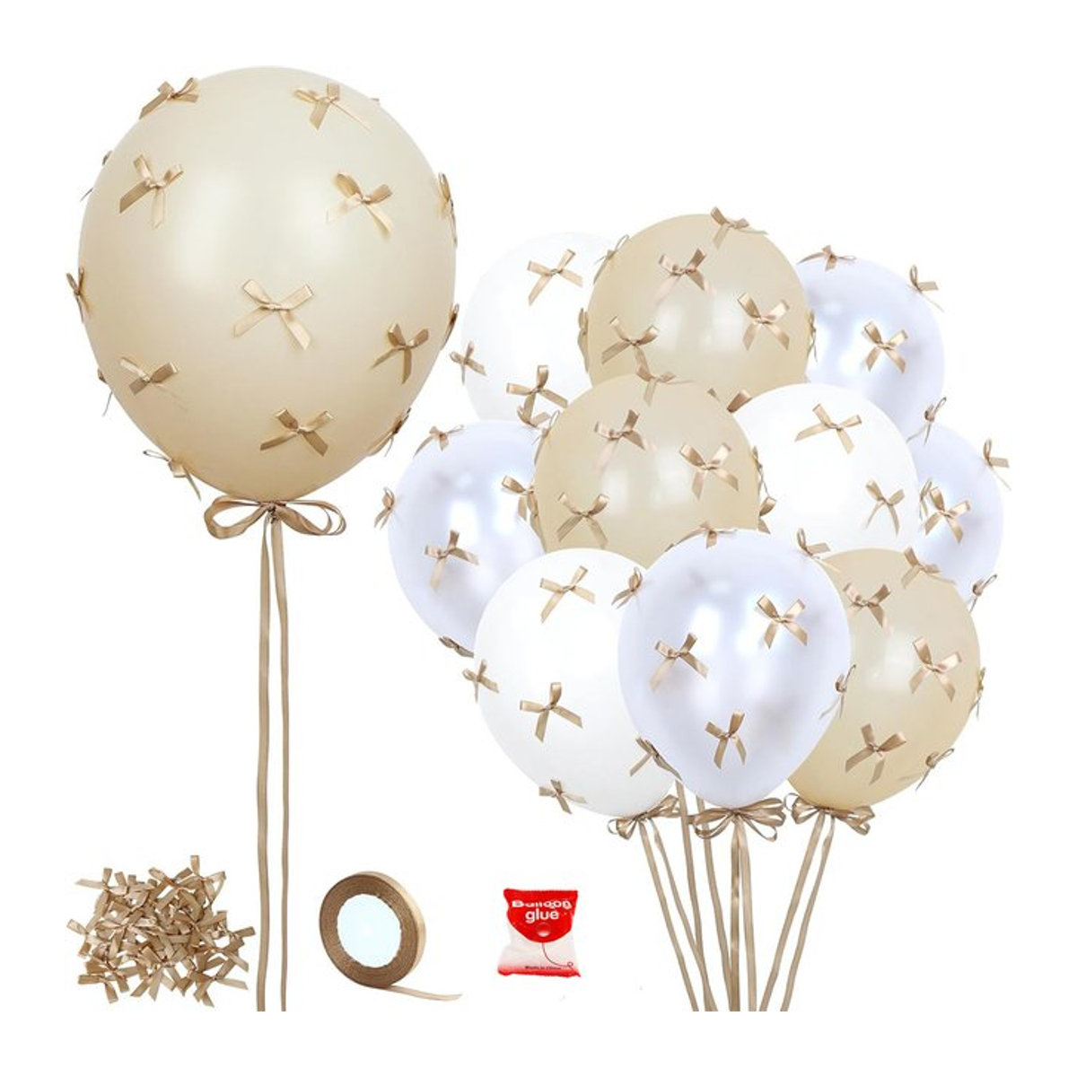 Champagnergoldene Schleifenballons Set mit 32 runden Luftballons und 100 Mini-Bandschleifen für DIY-Dekorationen bei Geburtstagen oder Babypartys in Gold - Bild 1