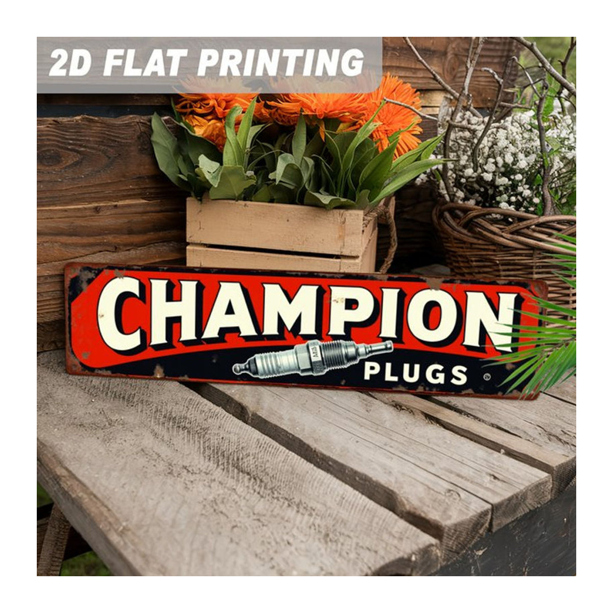 Champion Plugs Vintage Metallschild als Garagendekoration in Rot und Schwarz, rechteckig, wandmontiert, Breite: 40 cm, Höhe: 10 cm, Tiefe: 10 cm - Bild 1