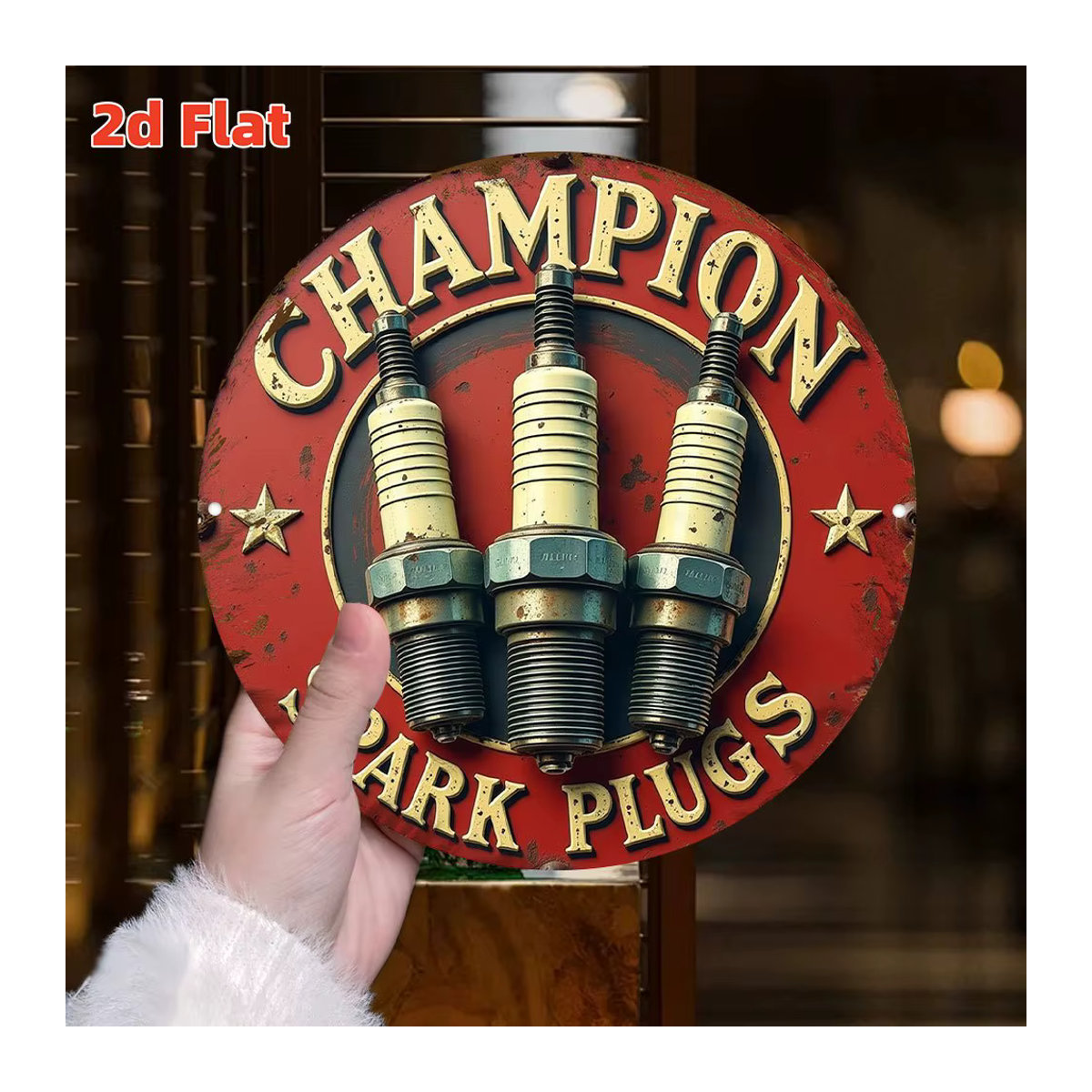 Champion Vintage Metallschild rund mit Automobilmotor Design in Rot und Gold, Durchmesser: 19,81 cm - Bild 4