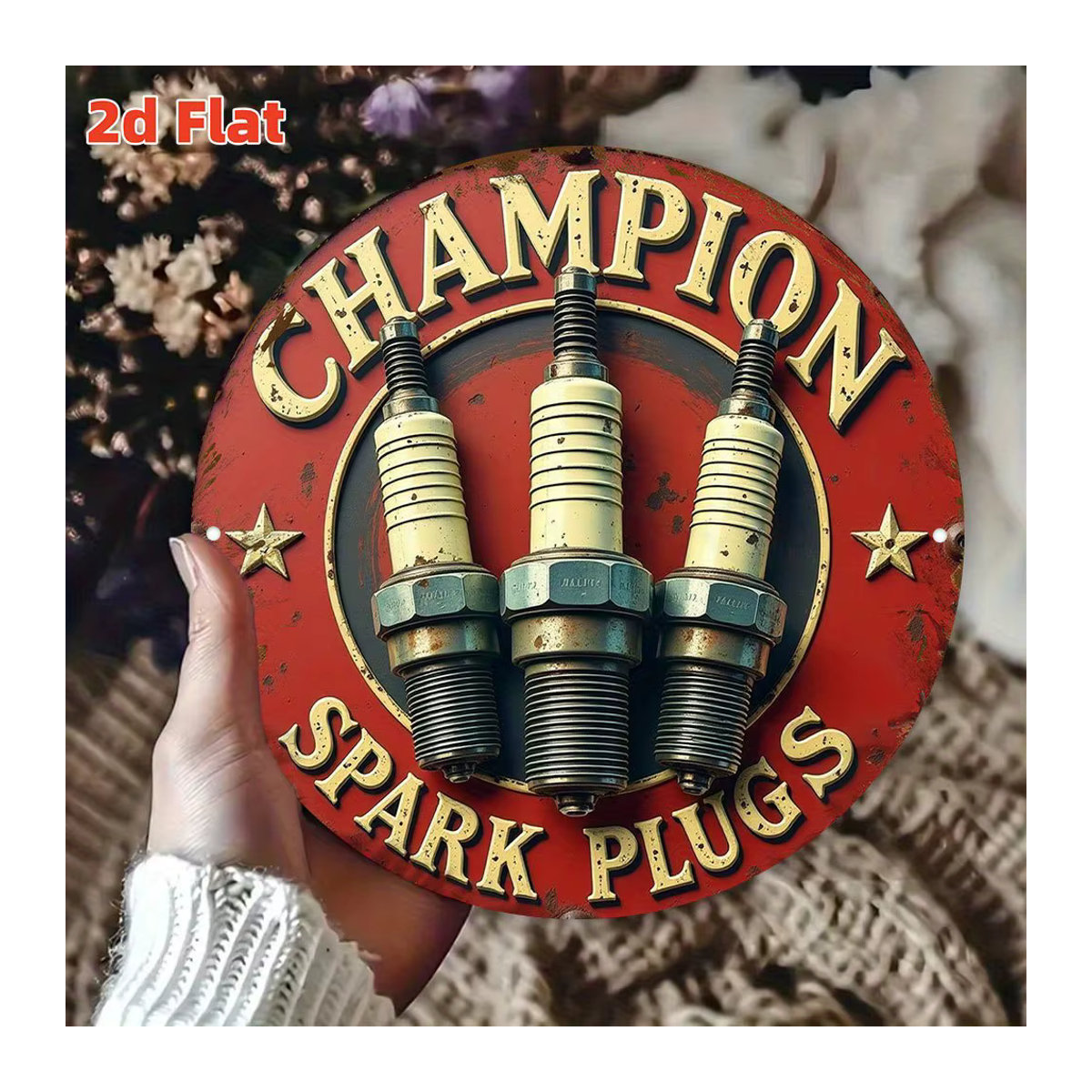 Champion Vintage Metallschild rund mit Automobilmotor Design in Rot und Gold, Durchmesser: 19,81 cm - Bild 5