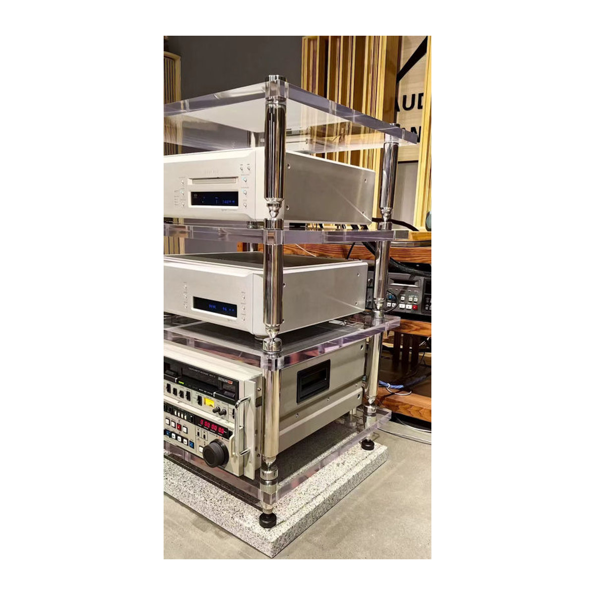 CHANGELIN HIFI Audio Lautsprecher Verstärker Rack aus Acryl in Chrom, minimalistisches Stativ-Regal für Plattenspieler und CD-Player - Bild 2