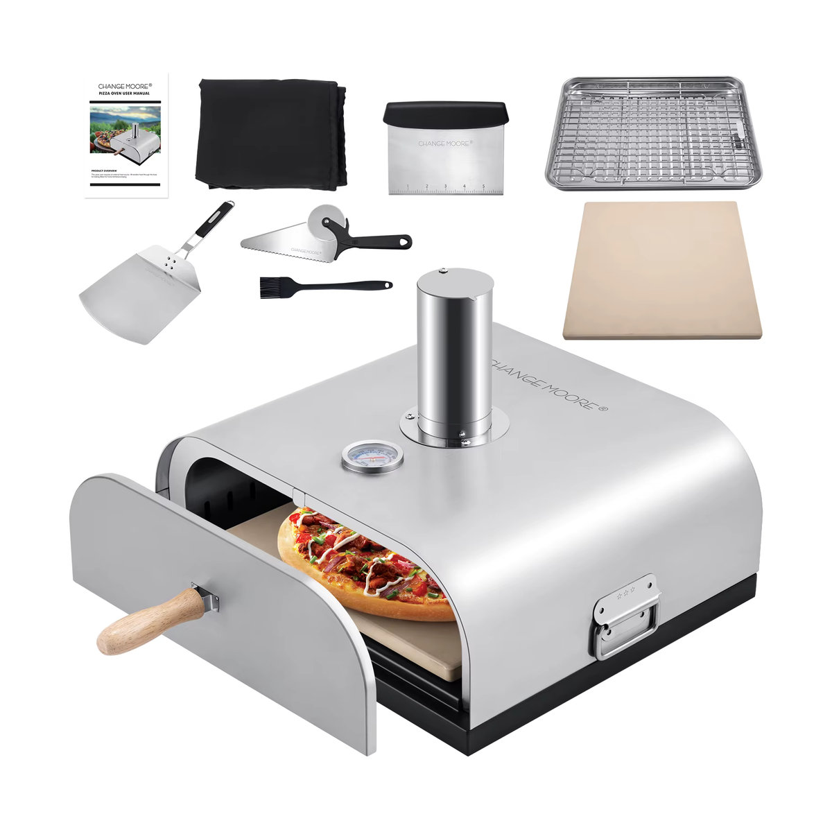 CHANGEMOORE Tragbarer 3-in-1 Pizzaofen und Grill-Feuerstelle aus Edelstahl als All-in-One-Set für den Außenbereich - Bild 3