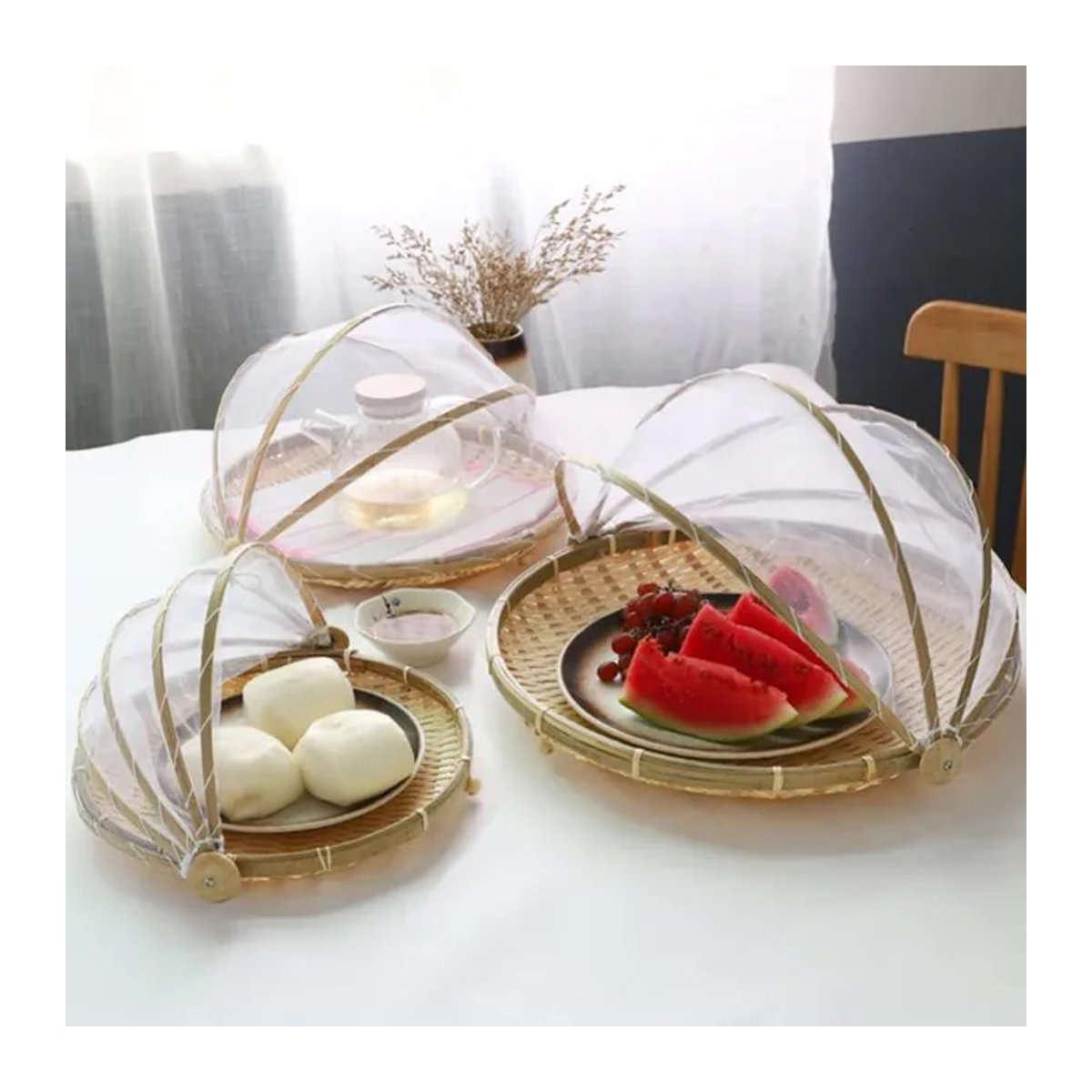 CHANSUNRUN Bambus Korb mit Moskitonetz als tragbares Obst- und Gemüsekorb für Picknick und Outdoor-Einsätze - Bild 1