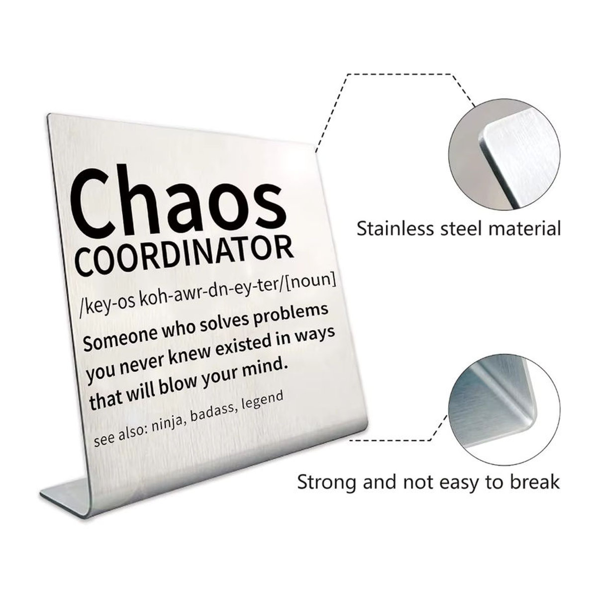 Chaos-Koordinator Schreibtisch-Schild aus Metall in Silber, minimalistische Büro-Dekoration für Damen - Bild 3