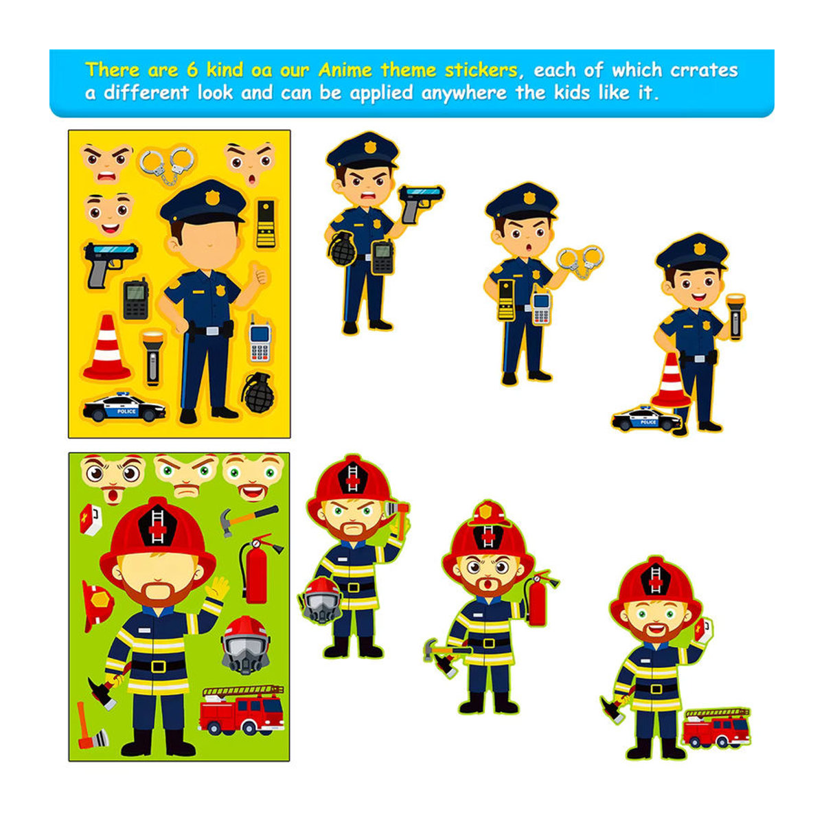 Charile Cartoon Polizei und Feuerwehrmann Puzzle Aufkleber Set für Kinder, Mehrfarbig, Pädagogisches DIY Jigsaw Spielzeug zur Dekoration - Bild 3
