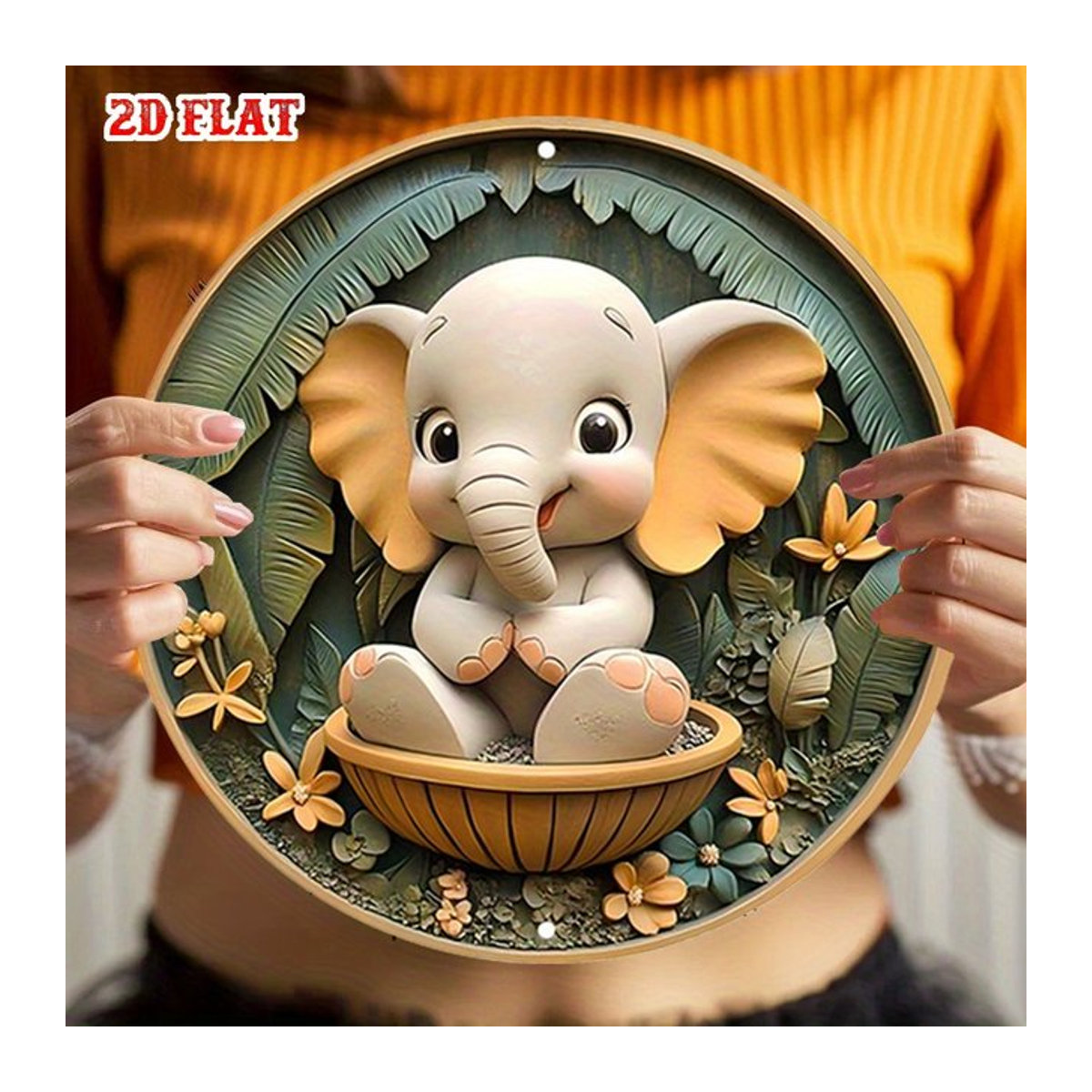 Charming Little Elephant Rundes Aluminium Wandbild mit Blumen- und Blattdesign in Grün und Mehrfarbig, Rustikales Metallschild für die Wandmontage - Bild 1