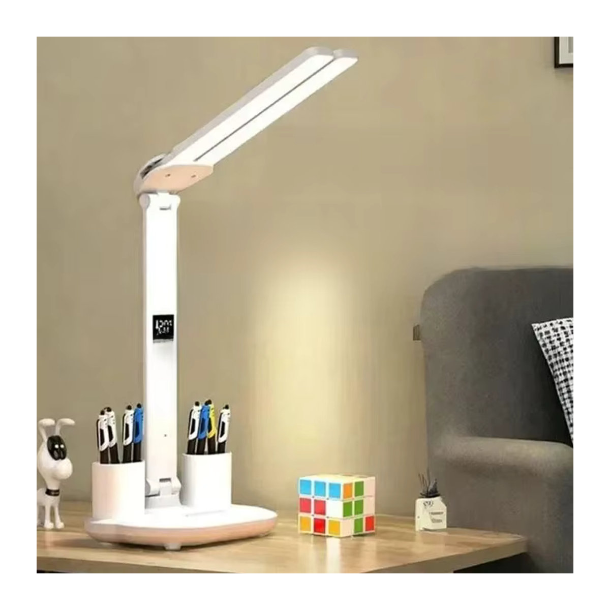 CHCIOL LED-Schreibtischlampe in Weiß mit USB, dimmbarer Touch-Funktion, Kalender, Temperaturanzeige und Uhr - Bild 1
