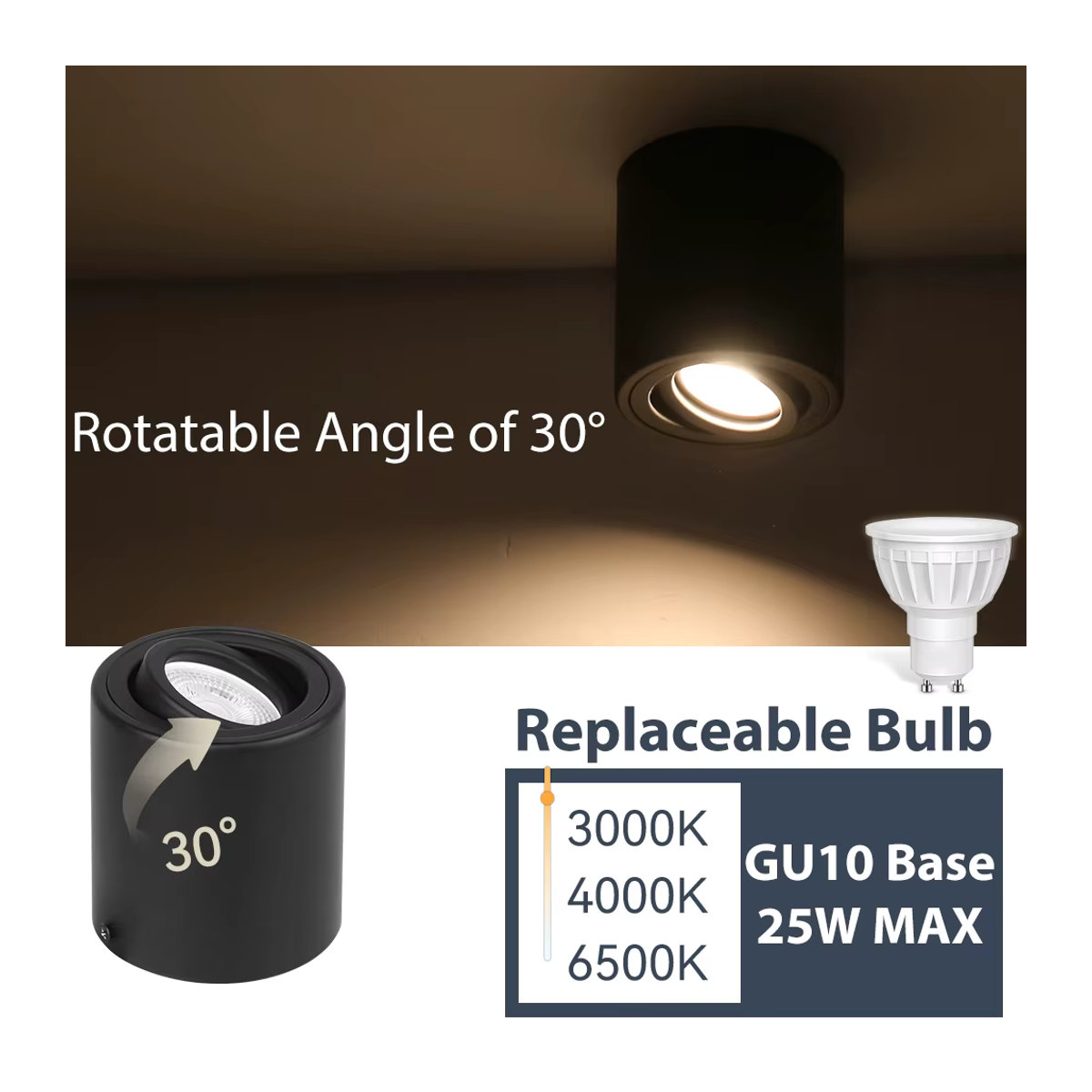 CHENBEN GU10 Deckenbeleuchtung Schwarz aus Aluminium mit verstellbarem Winkel als minimalistischer LED-Aufbaustrahler - Bild 2