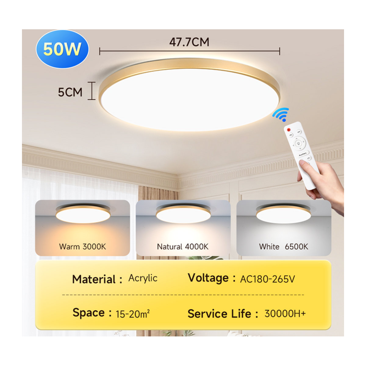 CHENBEN LED Deckenleuchte in Weiß mit Fernbedienung, dimmbar und in 3 Farben wählbar, minimalistisches Design aus Acryl - Bild 1