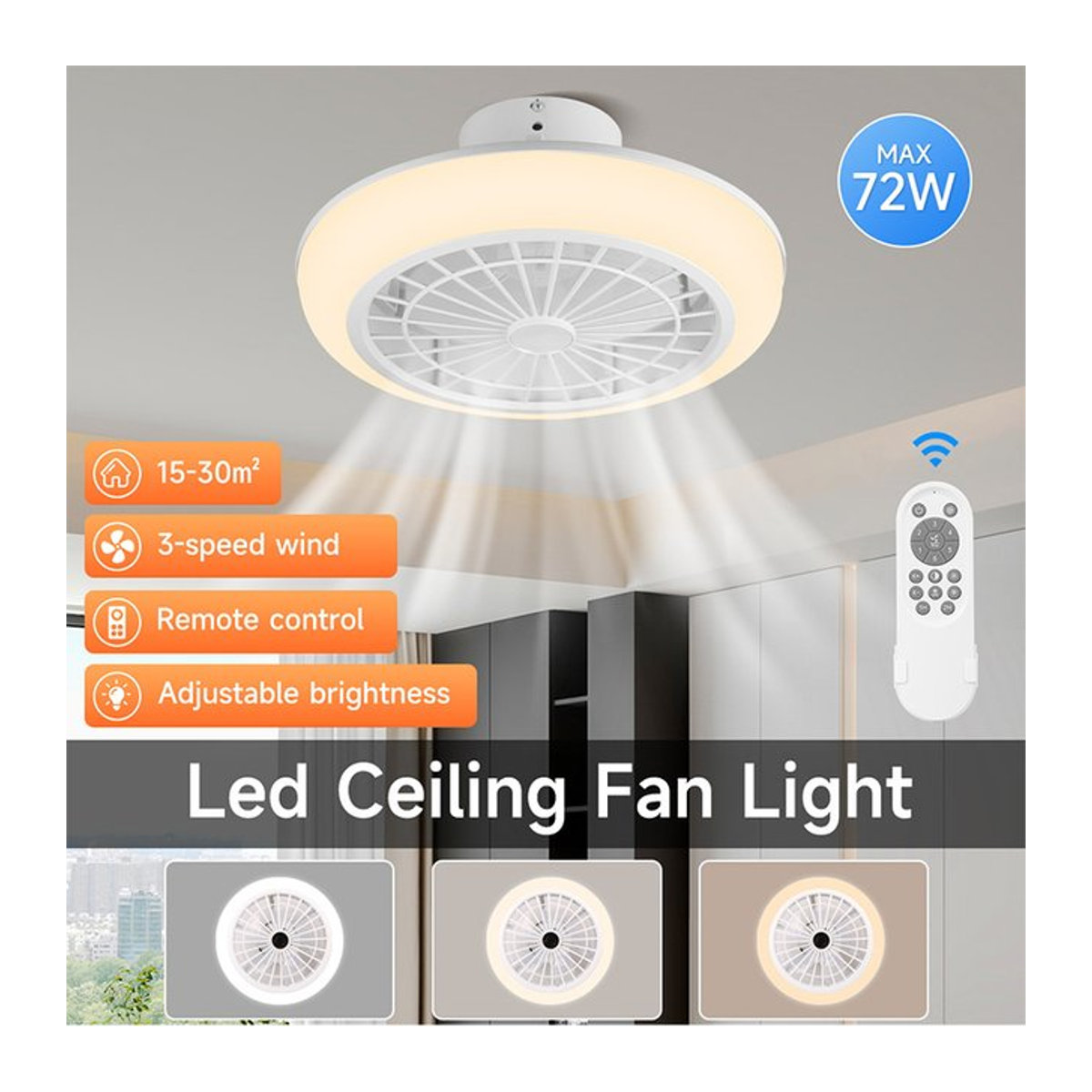 CHENBEN LED Deckenventilatorleuchte mit Fernbedienung in Weiß, 72 W, dimmbar, minimalistisches Design - Bild 1