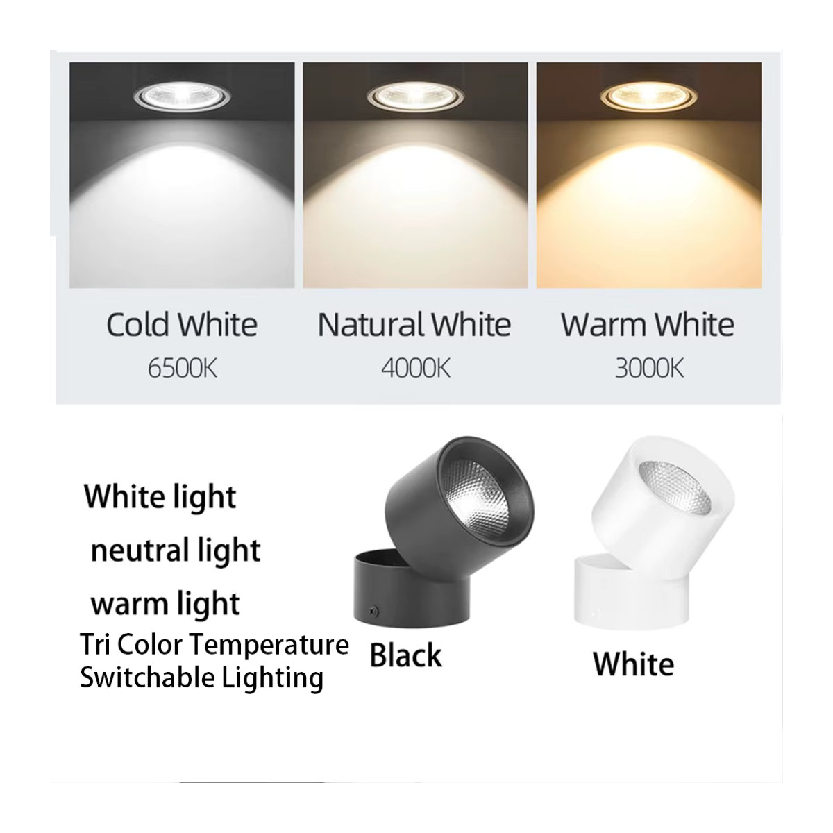 CHENBEN LED Einbaustrahler mit 3-Farbwechsel, minimalistische Deckenleuchte für Innenräume in Schwarz oder Weiß - Bild 3