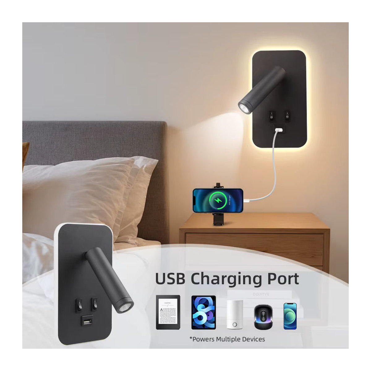 CHENBEN LED Wandleuchte in Schwarz mit drehbarem Kopf und USB-Anschluss für Schlafzimmer und Wohnzimmer - Bild 2