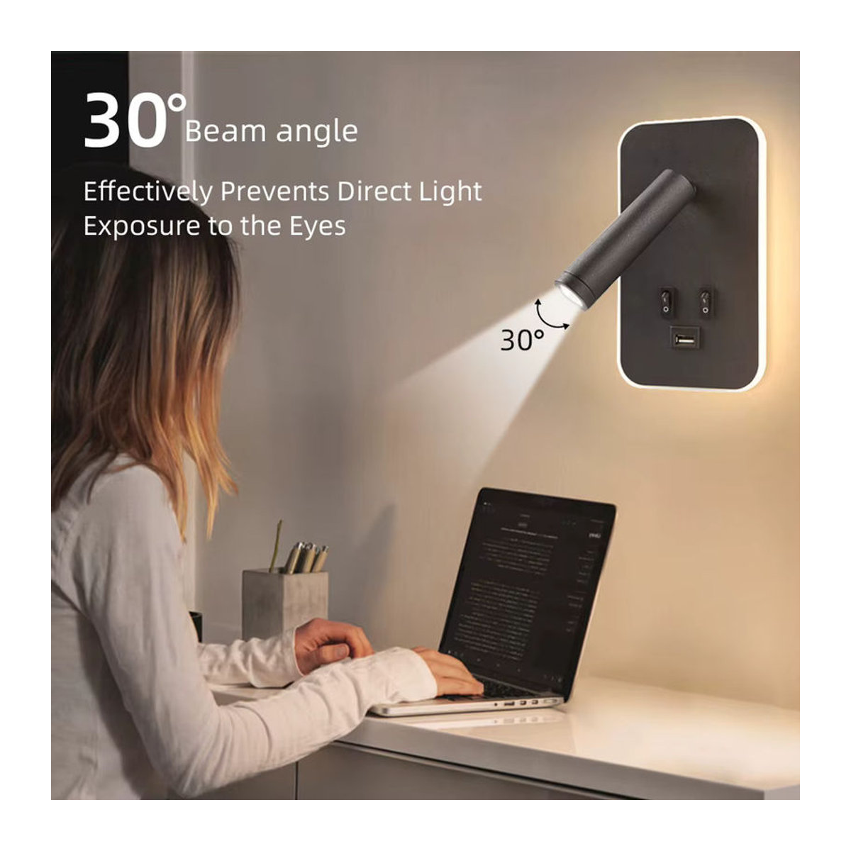 CHENBEN LED Wandleuchte in Schwarz mit drehbarem Kopf und USB-Anschluss für Schlafzimmer und Wohnzimmer - Bild 6