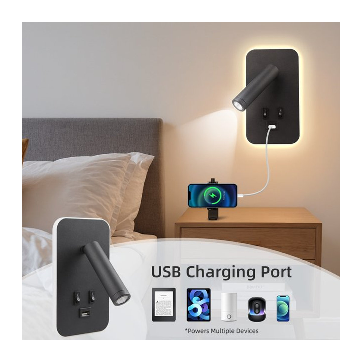 CHENBEN LED Wandleuchte in Schwarz mit USB-Anschluss und Schalter, moderne drehbare Nachttisch-Leseleuchte aus Acryl - Bild 1