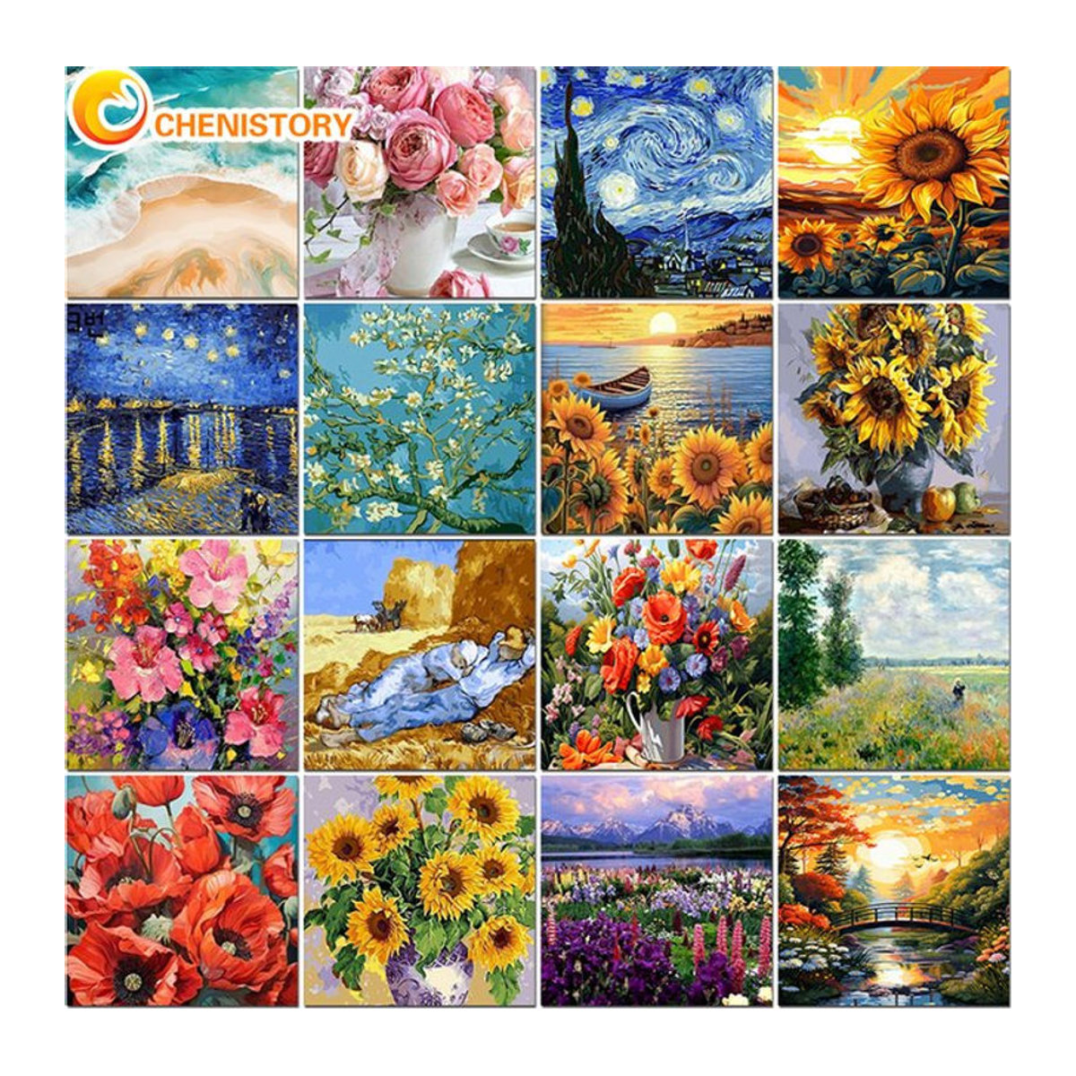 CHENISTORY Malen nach Zahlen Set mit Van Gogh Blumenmotiv auf Leinwand, DIY Acrylfarbe Kit für florale Dekoration, mehrfarbig - Bild 1