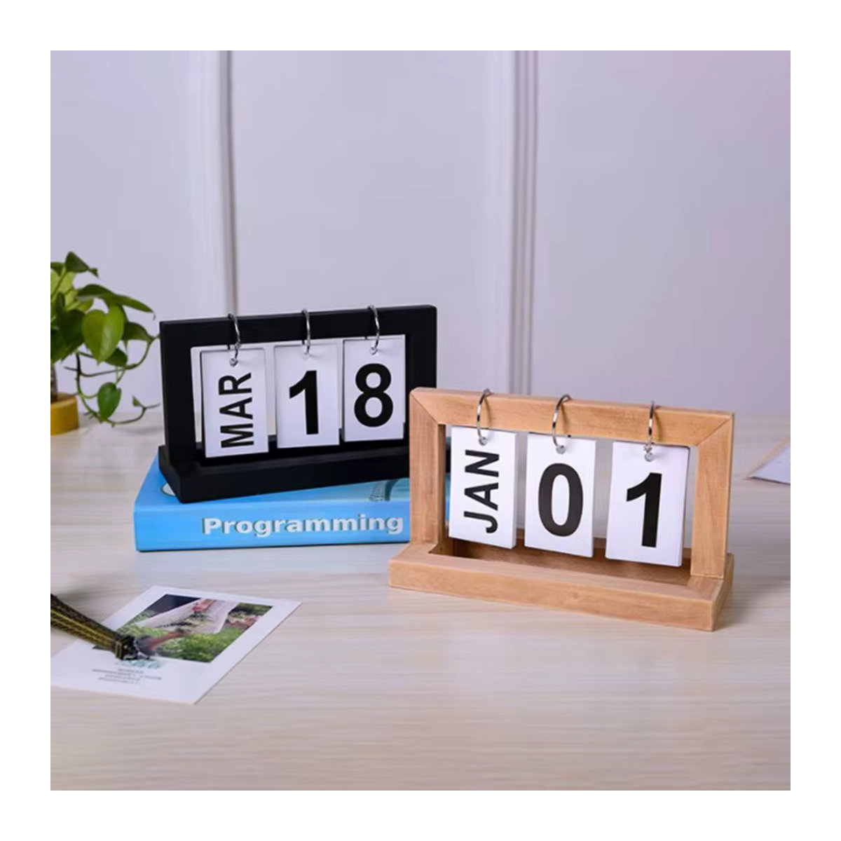 CHENJ Ewiger Holz-Kalender im Vintage-Design als dekoratives Desktop-Ornament für Café und Büro, mehrfarbig - Bild 2