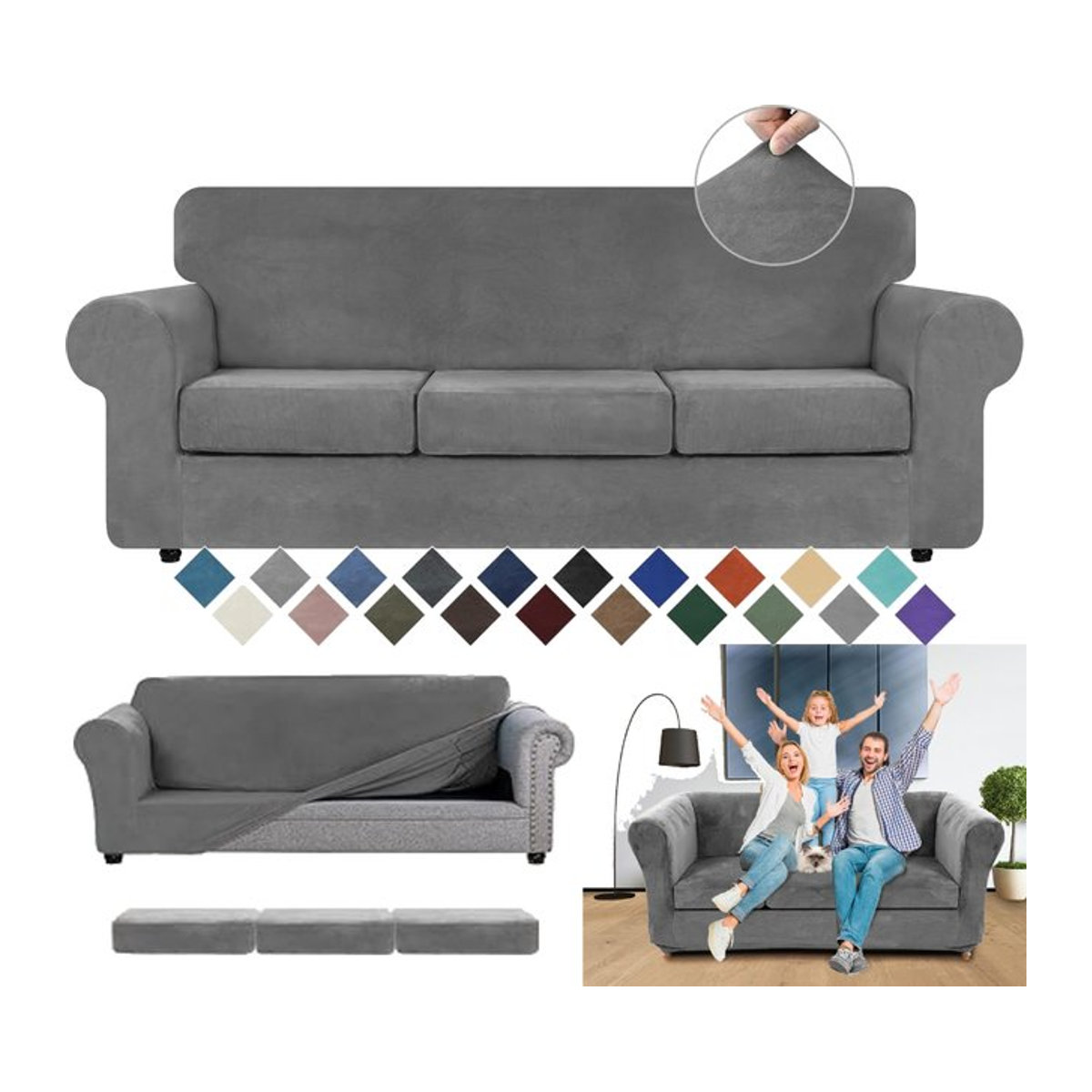 Chesterfield-Couchbezug aus Stretch-Samt mit Sitzkissenbezug für gebogene Sofasessel im Vintage-Stil in Grau und Grün - Bild 1