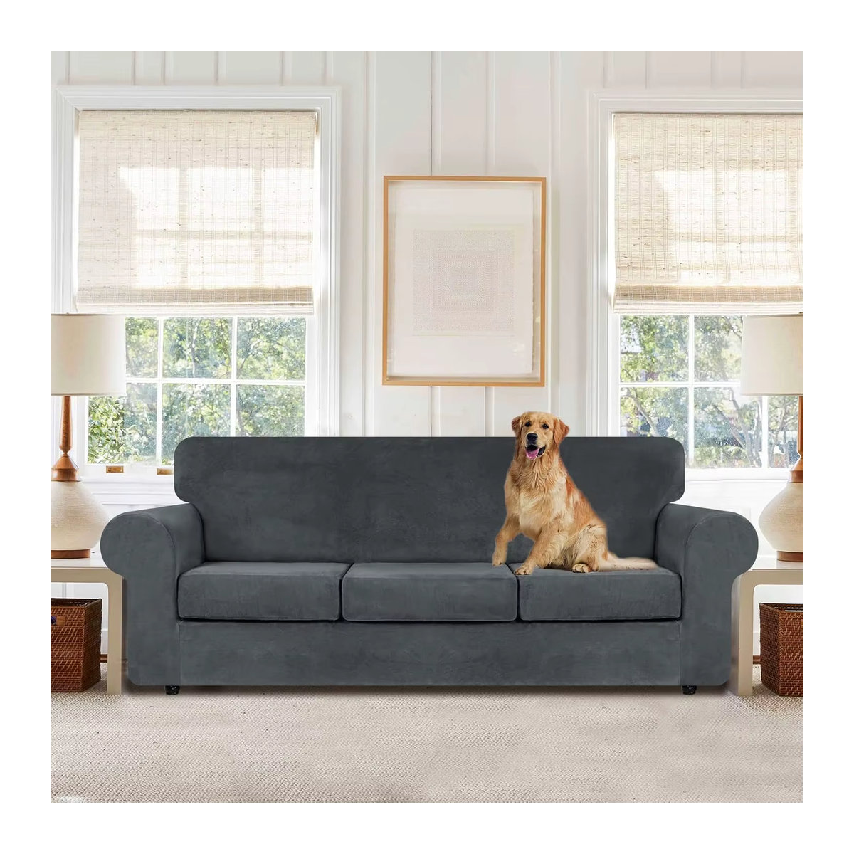 Chesterfield-Couchbezug aus Stretch-Samt mit Sitzkissenbezug für gebogene Sofasessel im Vintage-Stil in Grau und Grün - Bild 2